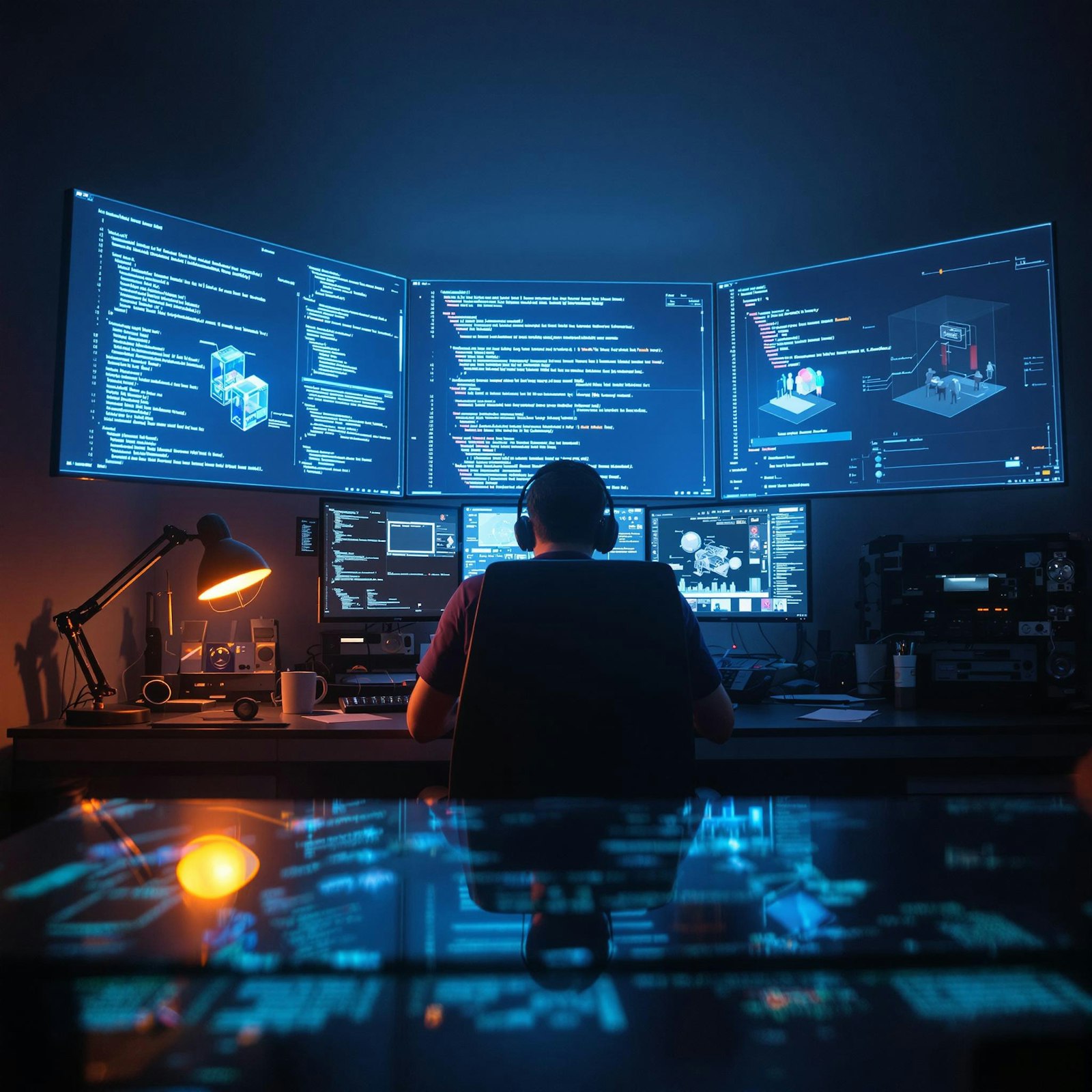 An engineer at a desk lit by monitors showing code and dashboards
