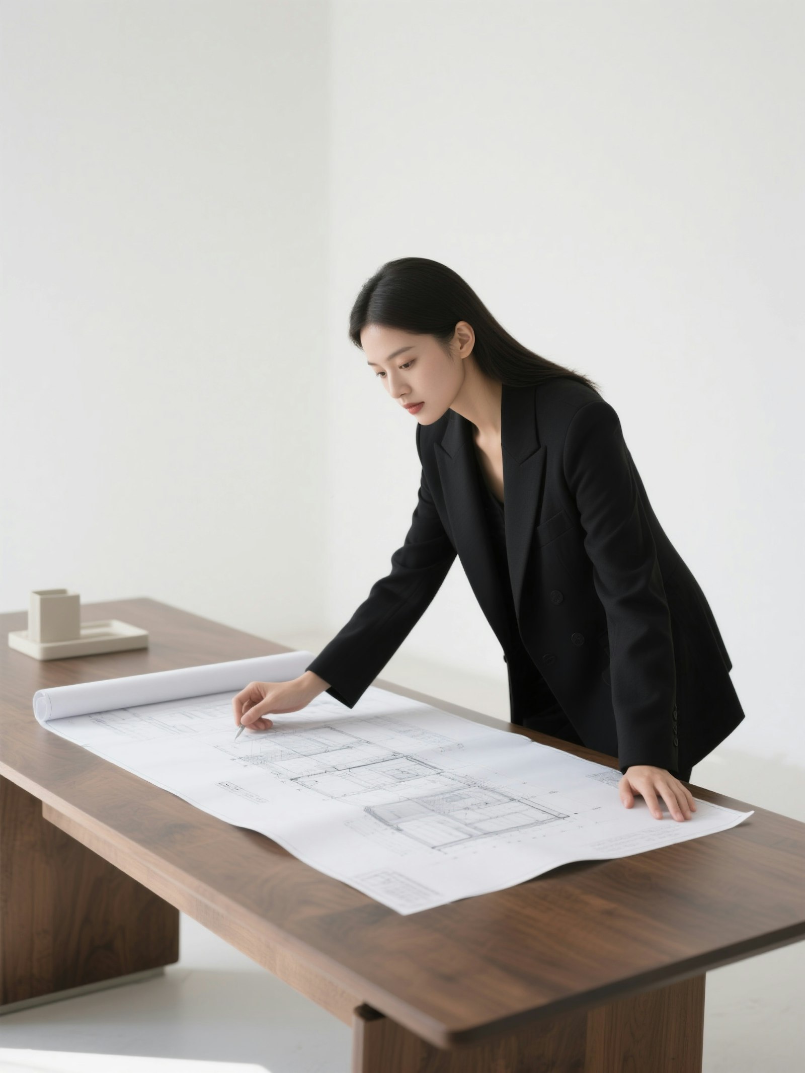 An architect leaning over drawings on a table