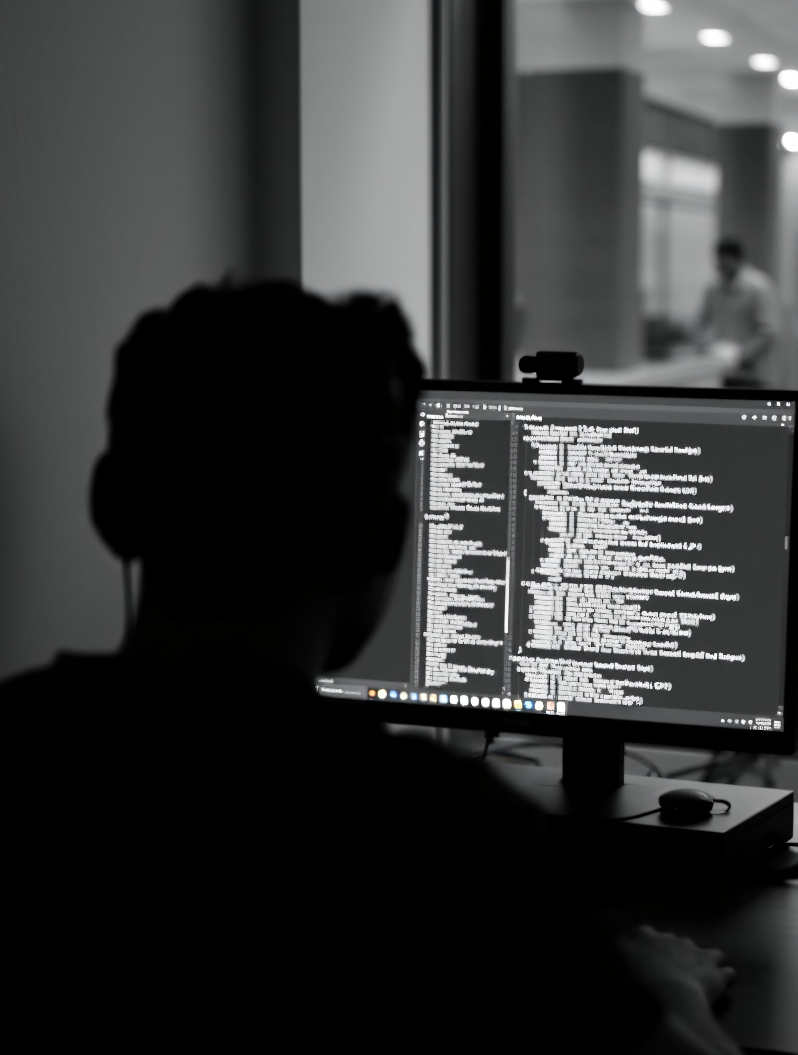 A silhouetted person reading code on a monitor
