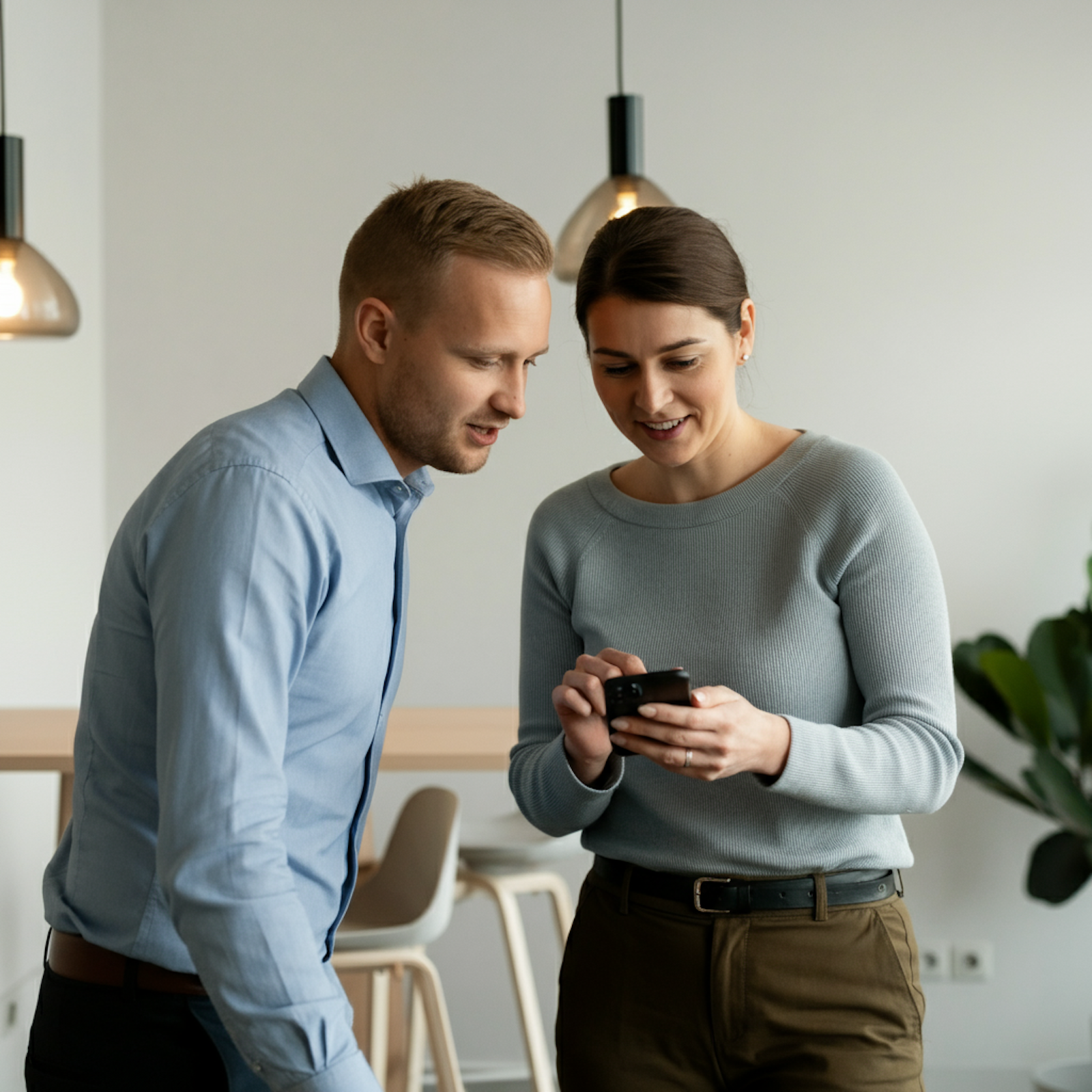 Two coworkers looking at a phone together in an office