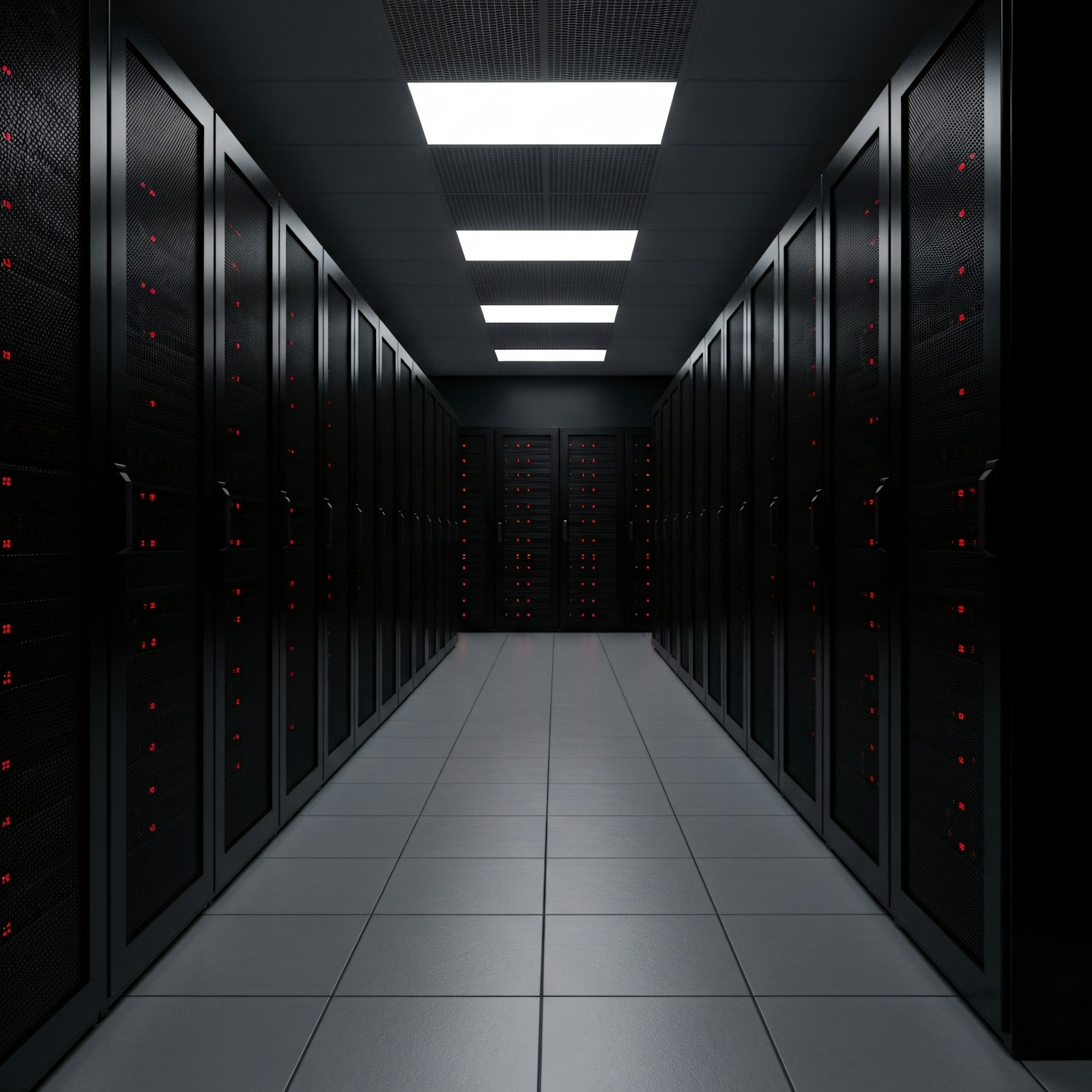 A data center aisle under overhead lights
