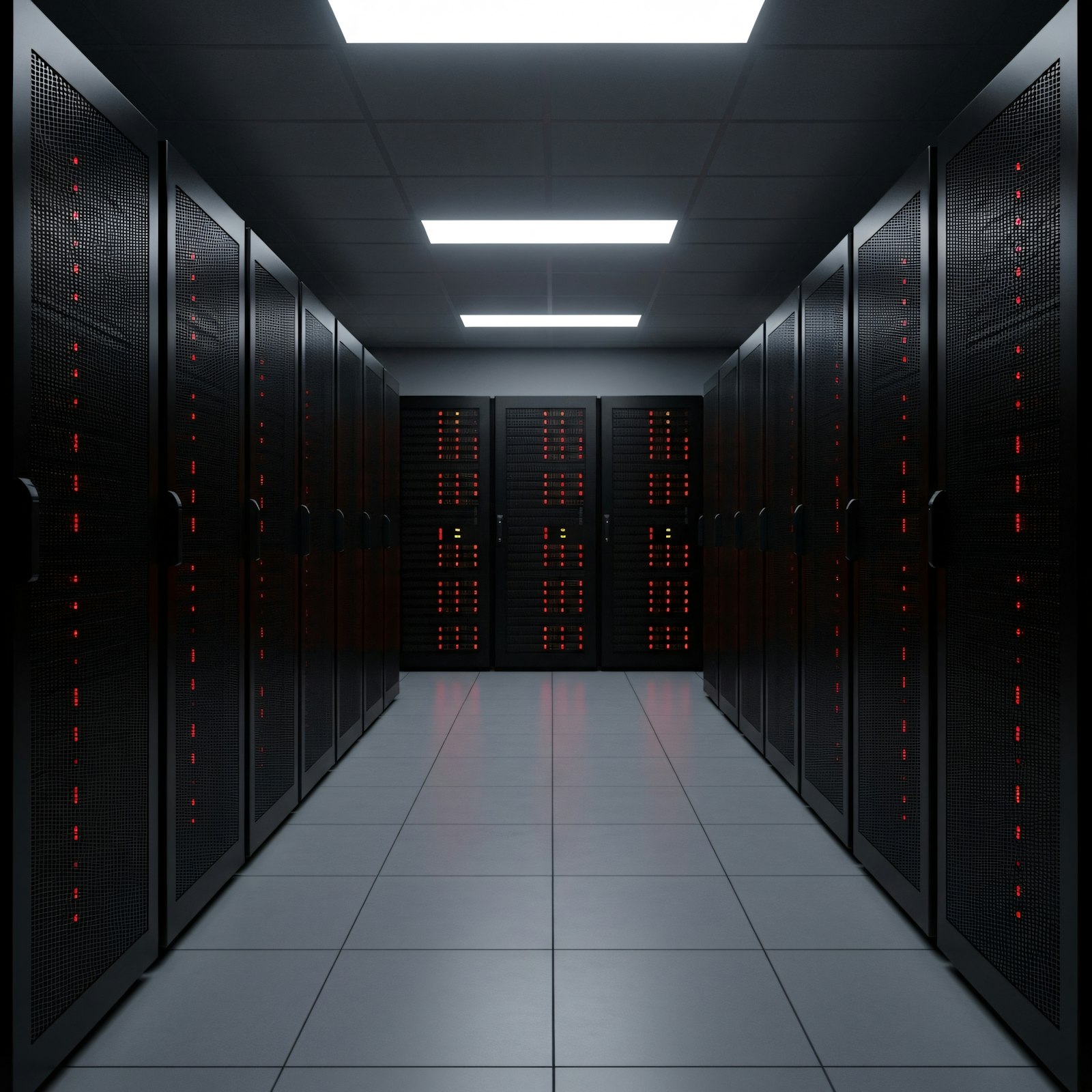 A dark data center aisle between rows of server racks