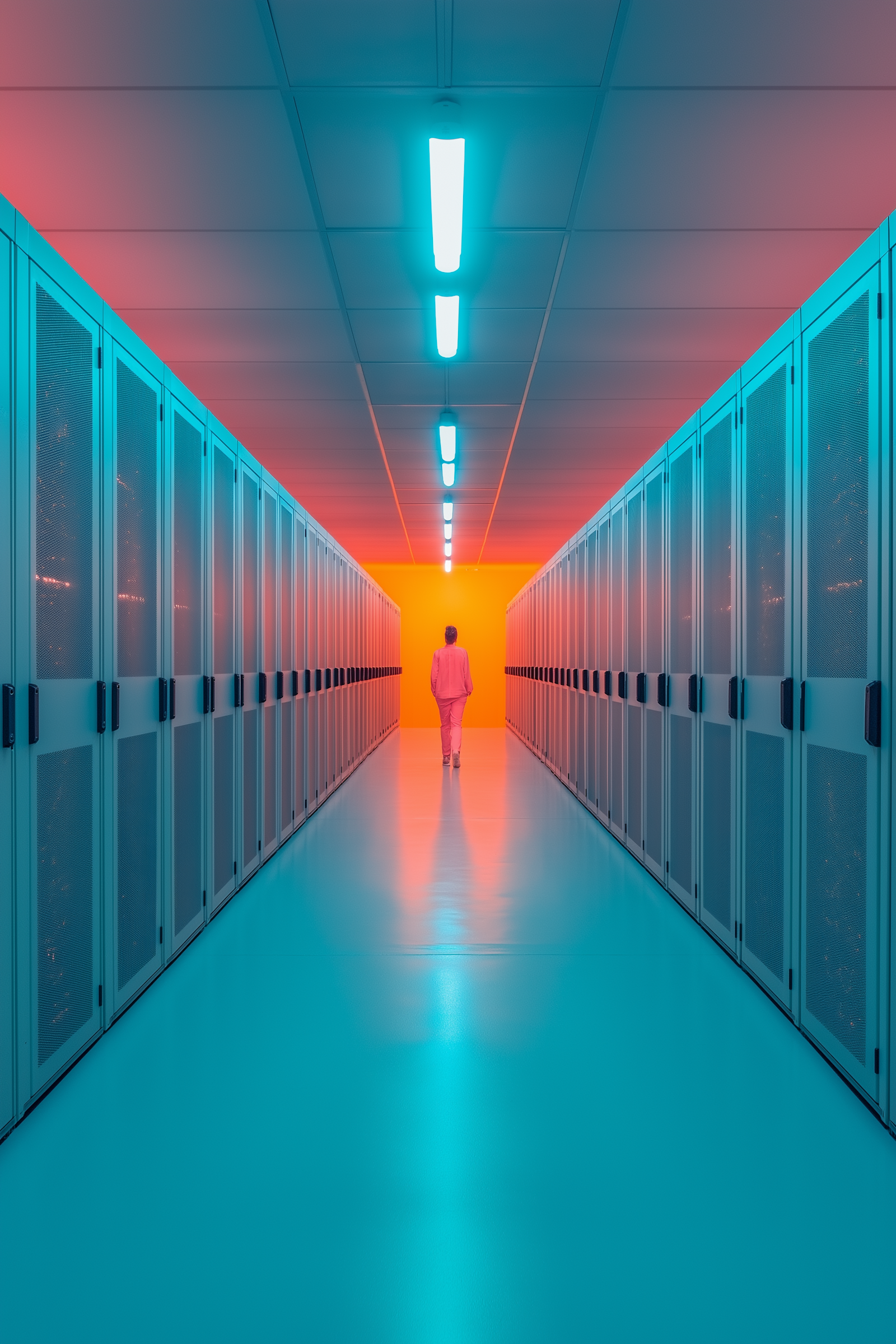 A long server corridor lit in teal