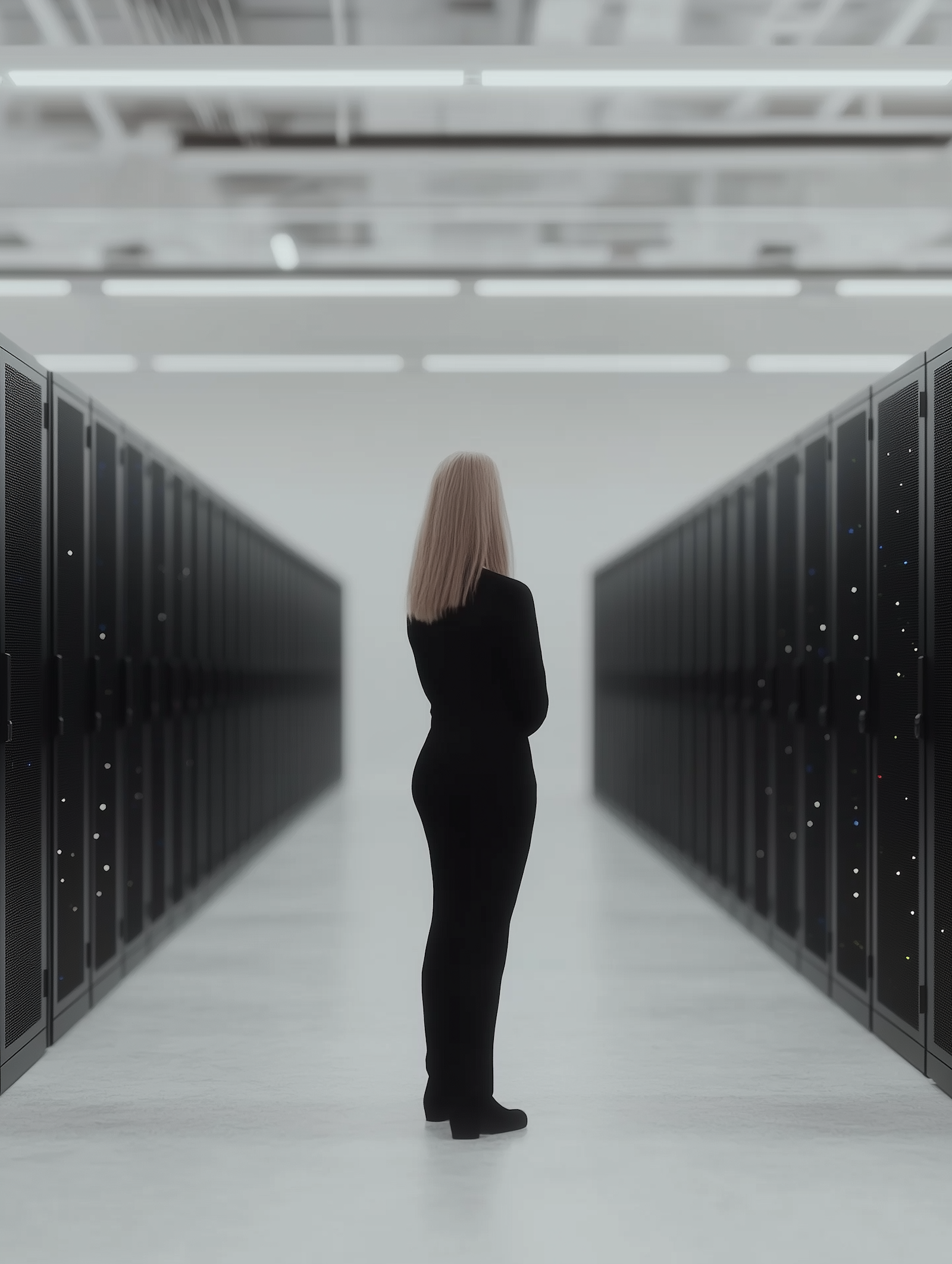 A person standing in a bright white data center aisle
