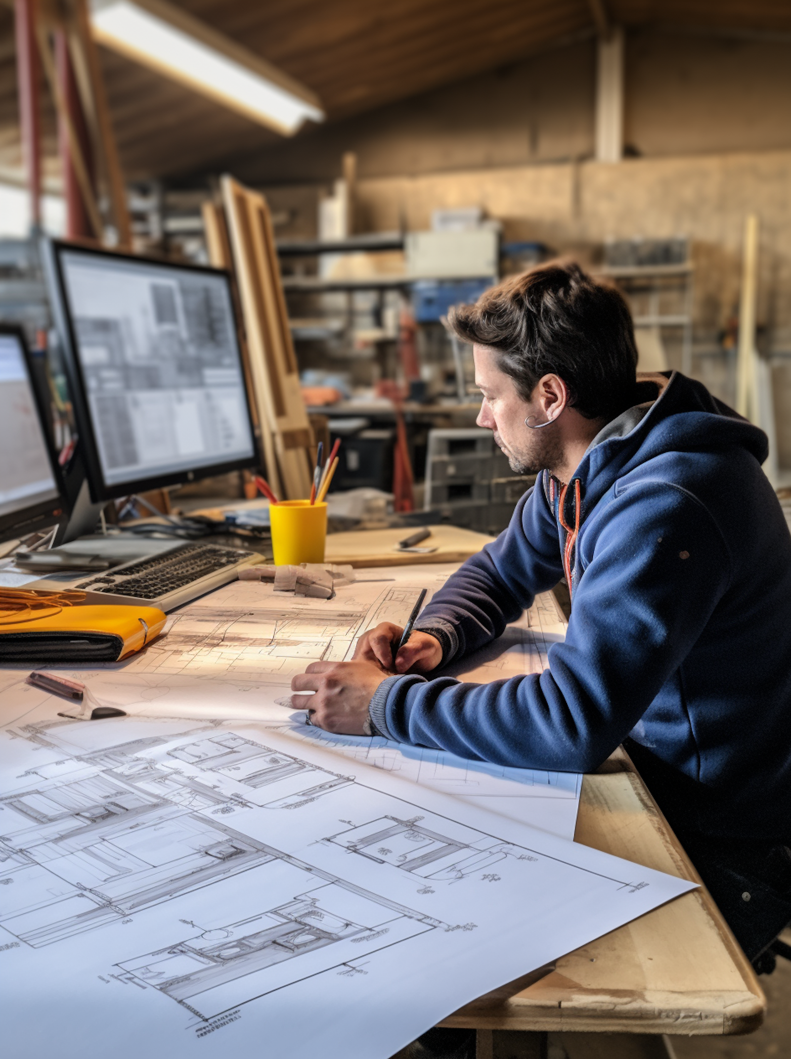 An engineer reviewing plans at a desk with monitors