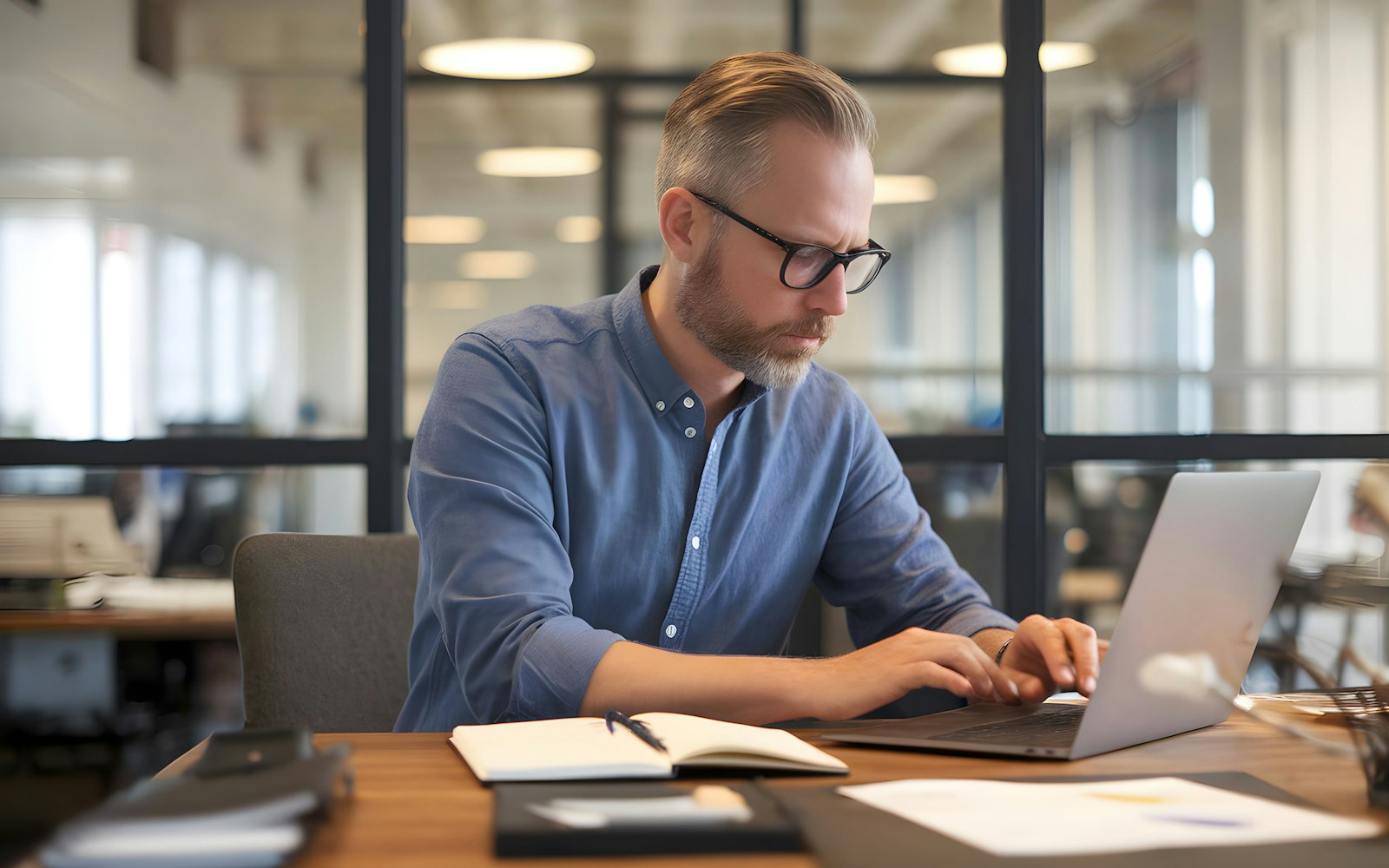 An engineer working on a laptop in an office
