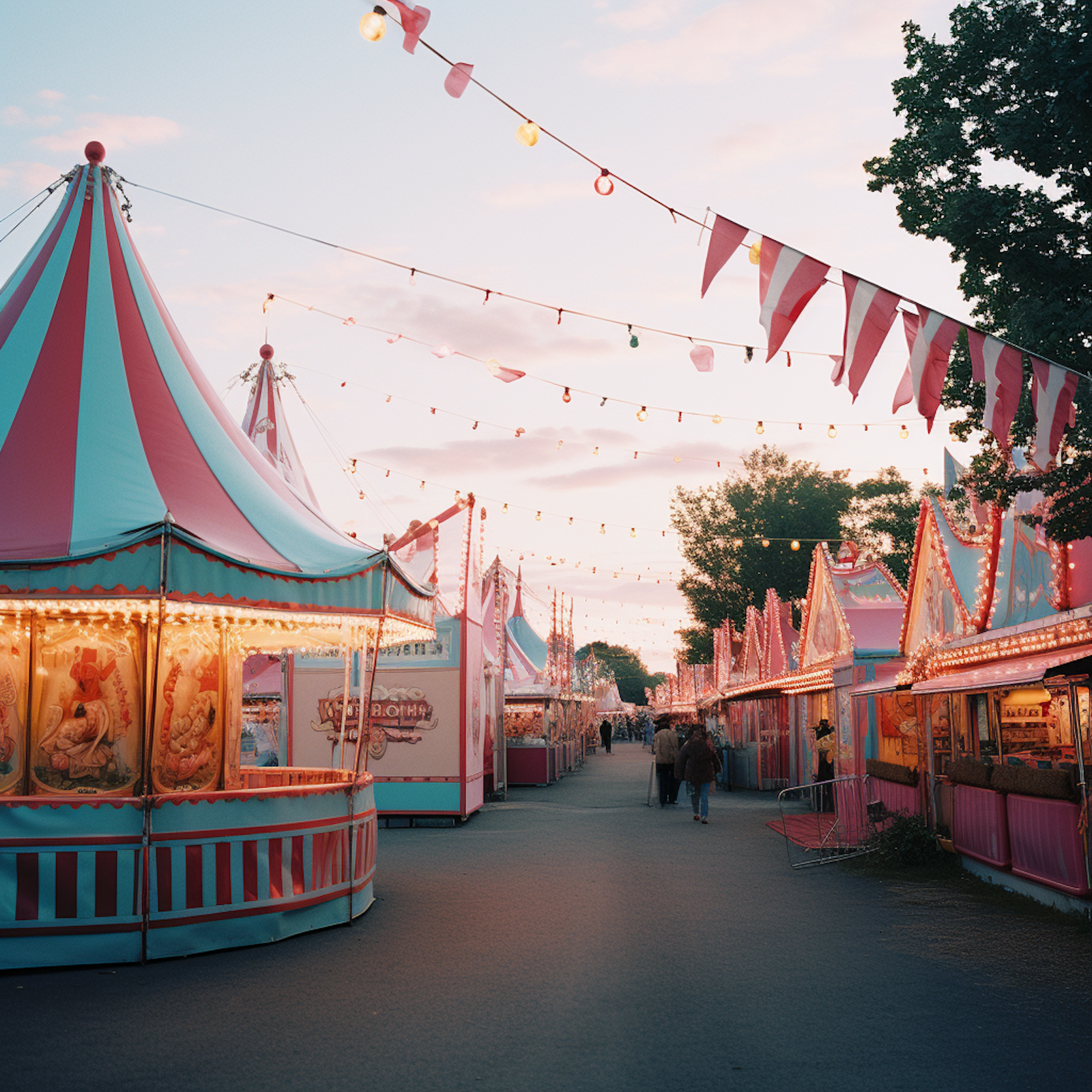 An outdoor event space with string lights and bunting at dusk