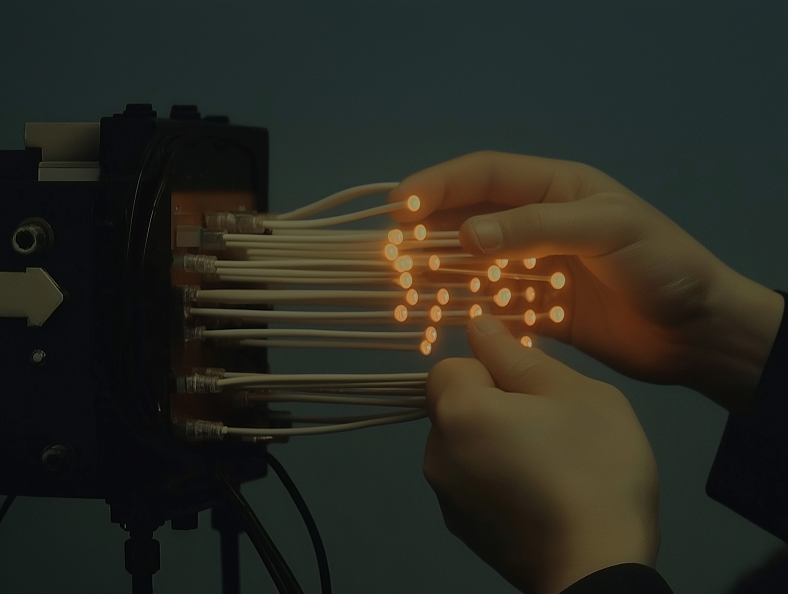 Hands holding a bundle of lit fiber optic cables