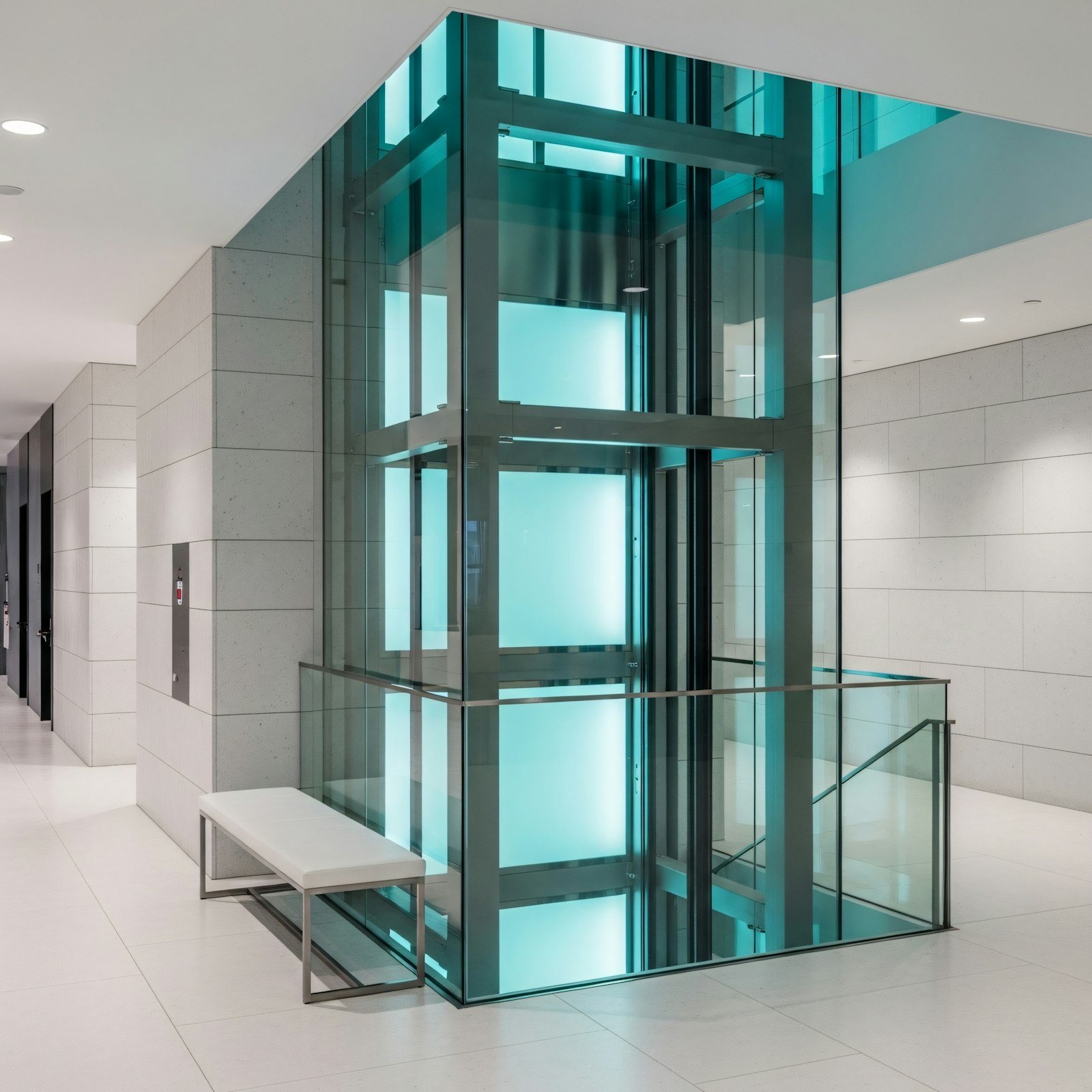 A modern glass elevator in a bright building