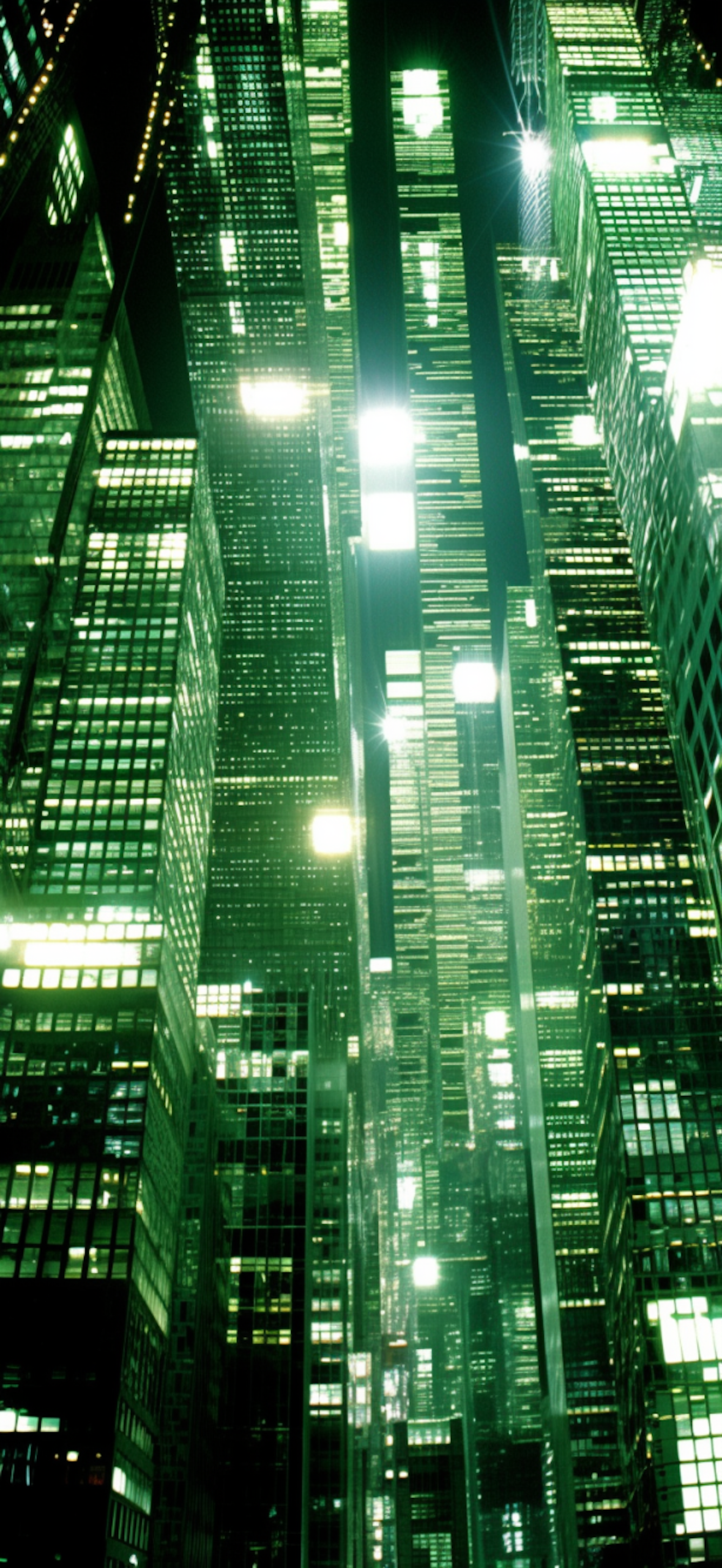 Glass office towers lit green at night