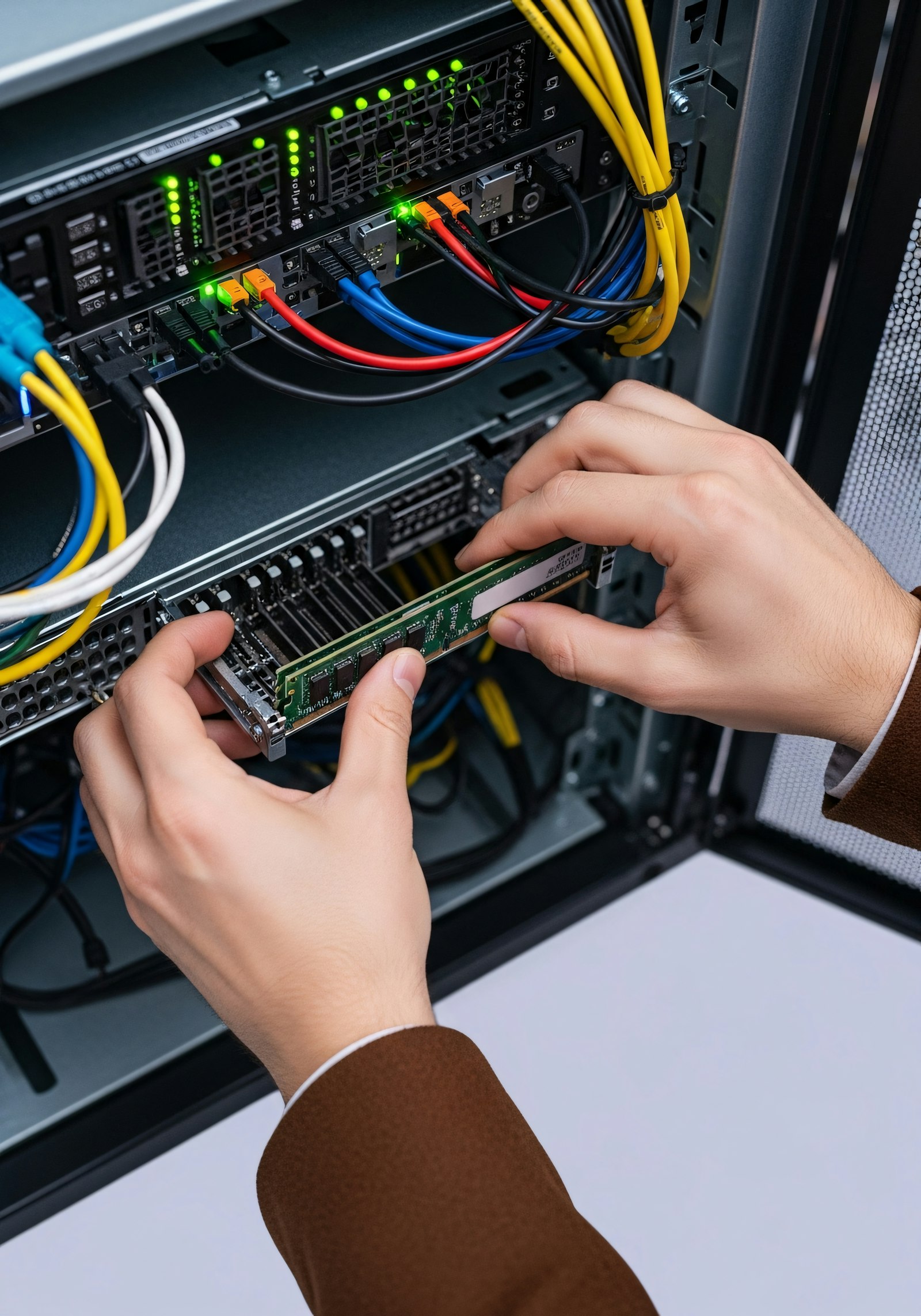 Hands connecting patch cables to a network switch