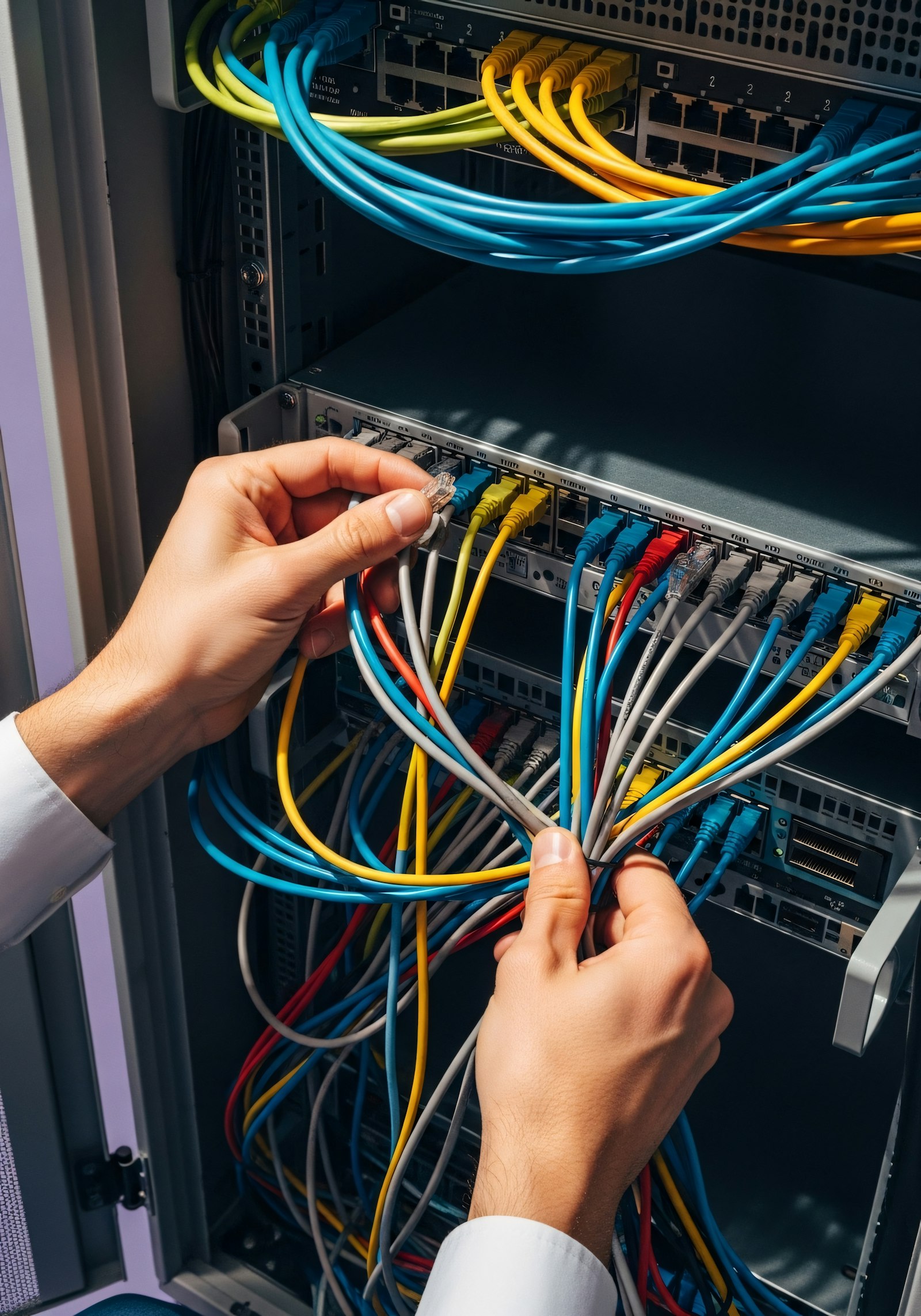 Hands routing network cables in a server rack