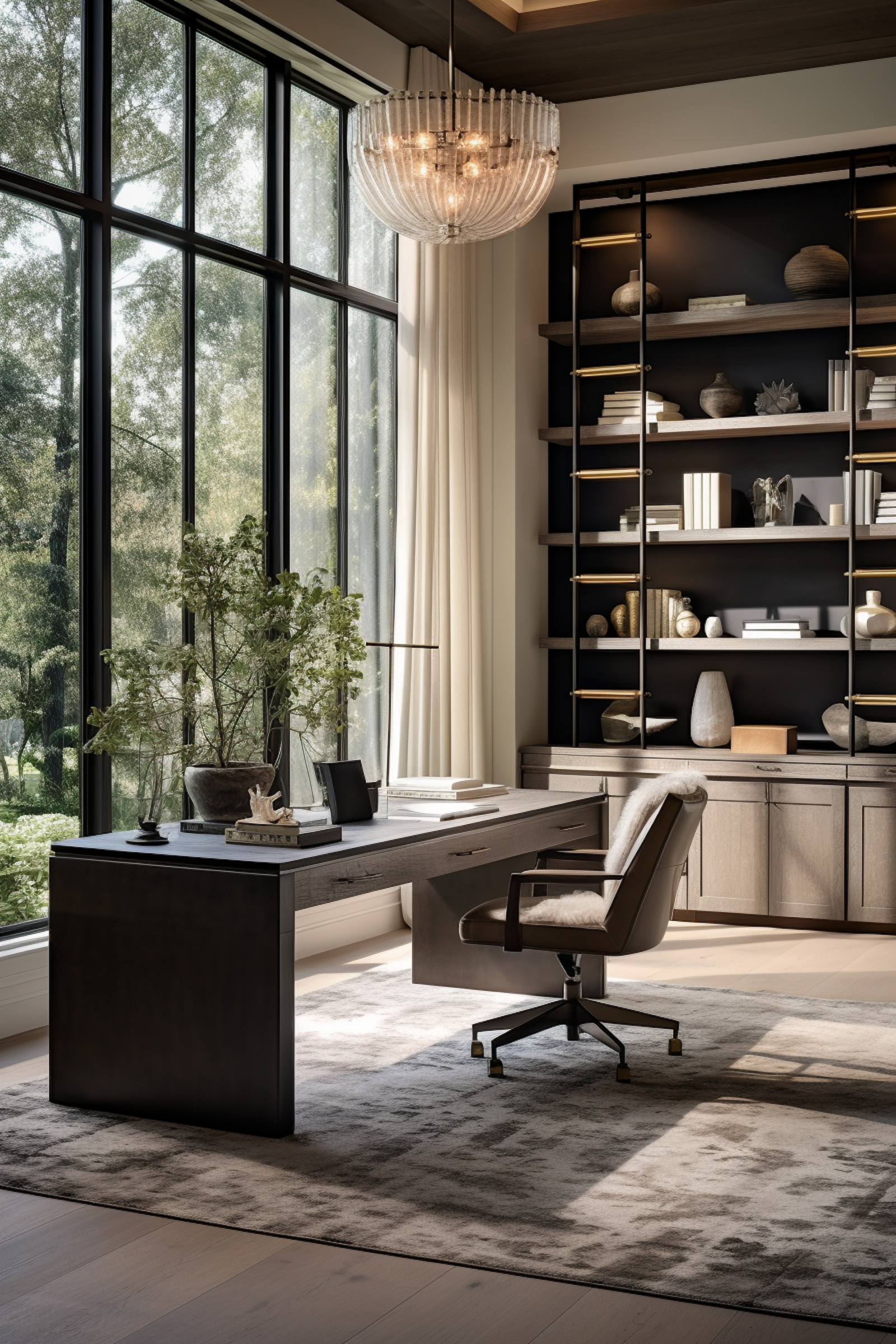 A home office with large windows and shelving