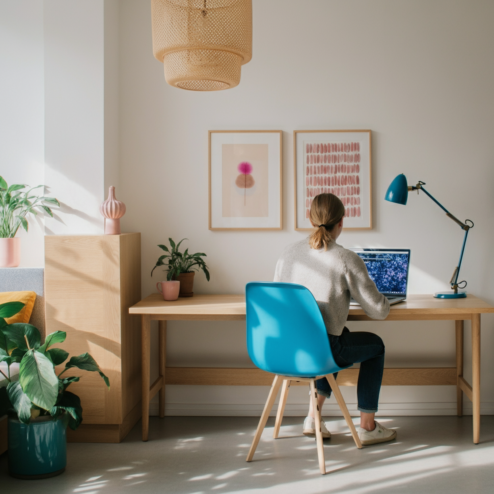 A person working at a desk in a bright home office