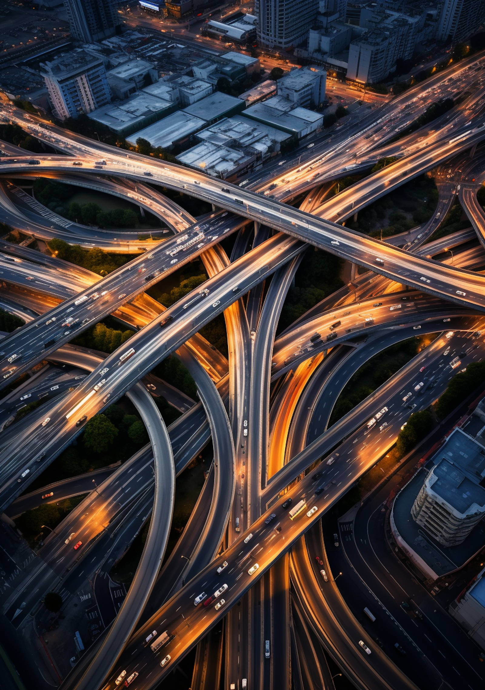 A highway interchange lit up at night, seen from above