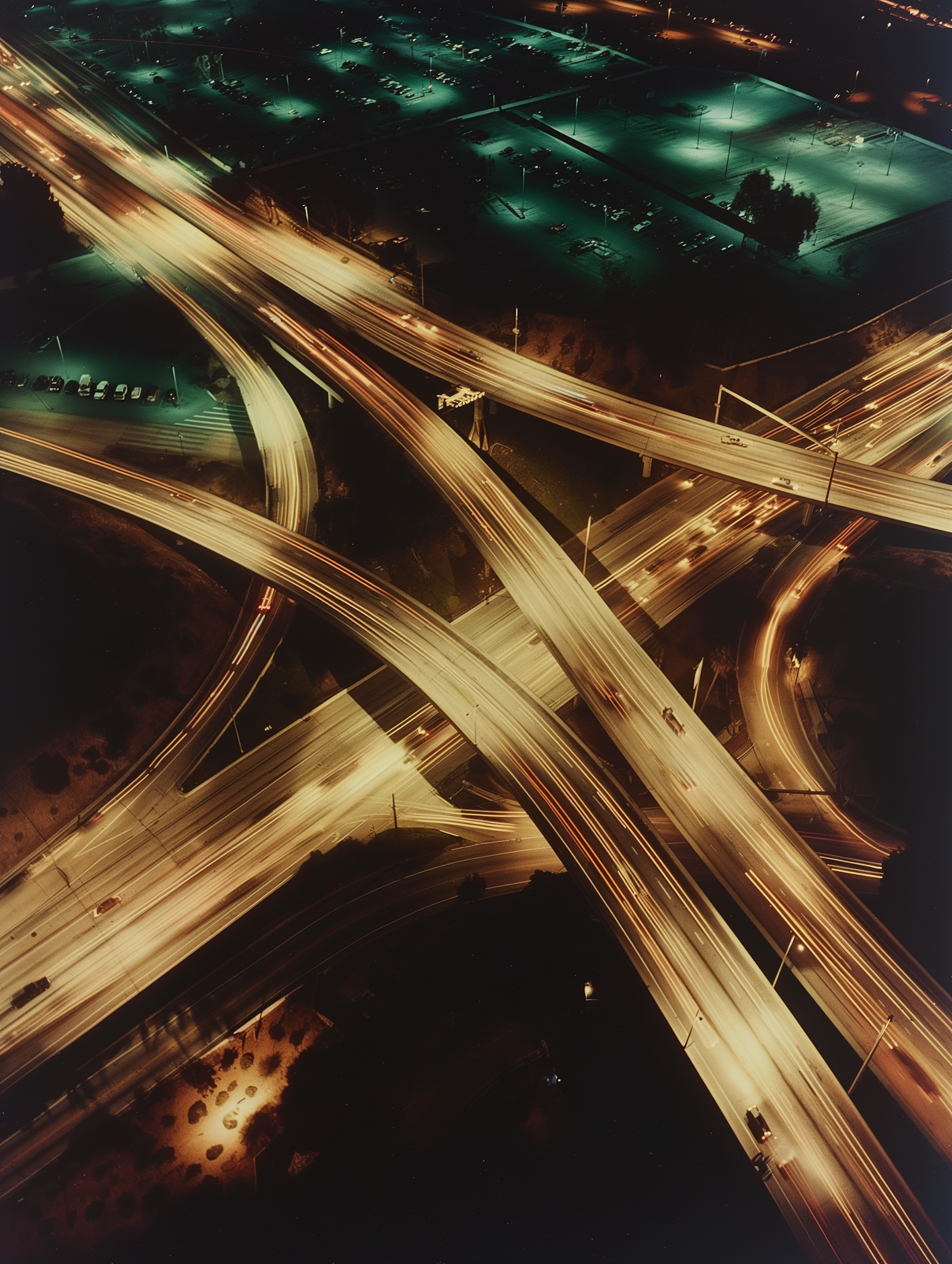 Curving highway ramps glowing at night, seen from above