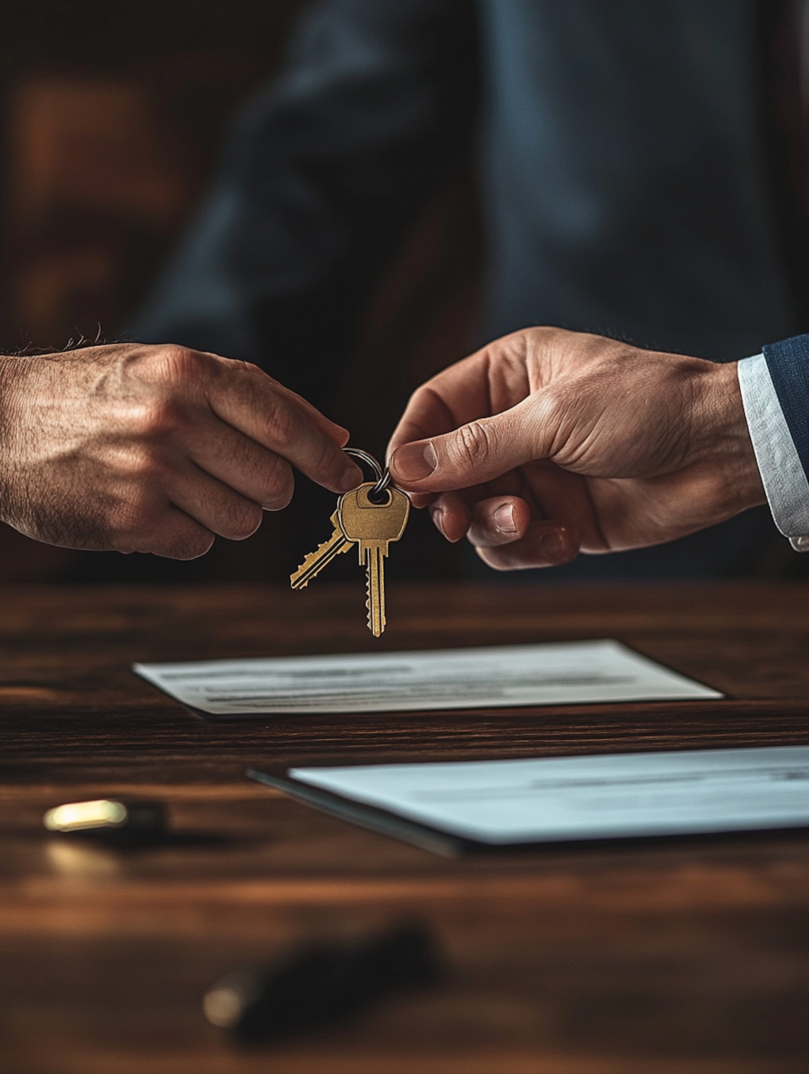 One hand passing a set of keys to another across a desk