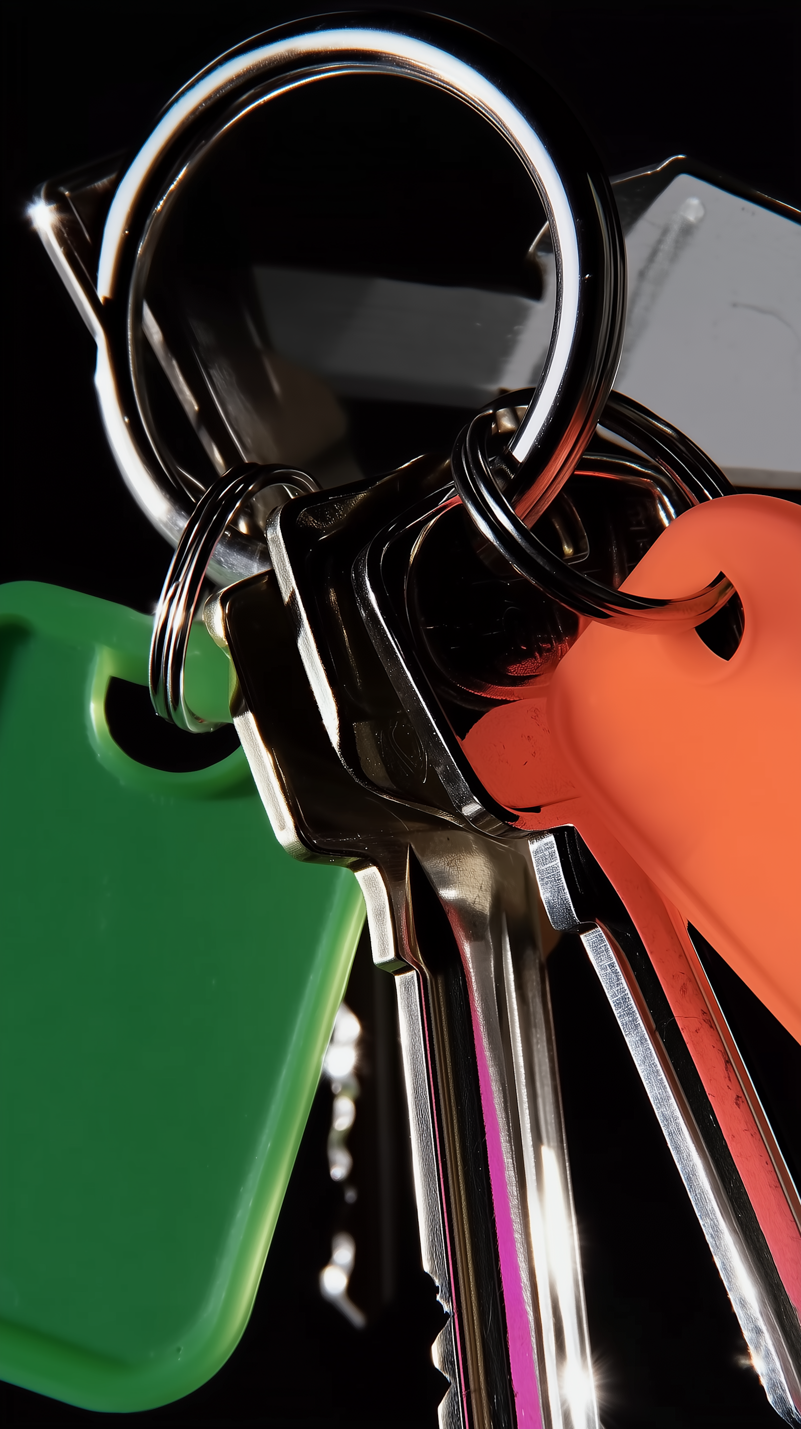 A ring of keys with green and orange tags