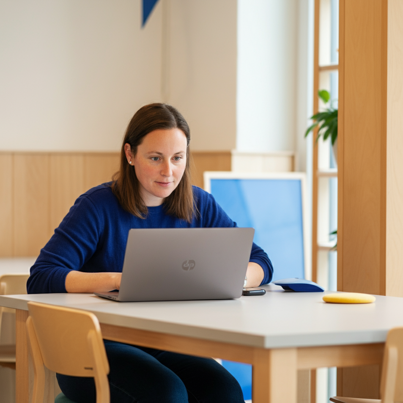 A woman working on a laptop at a desk