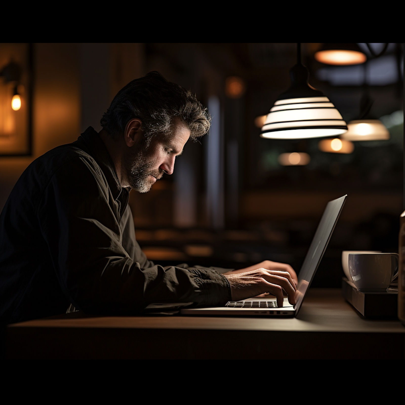 A person working on a laptop in a dim café