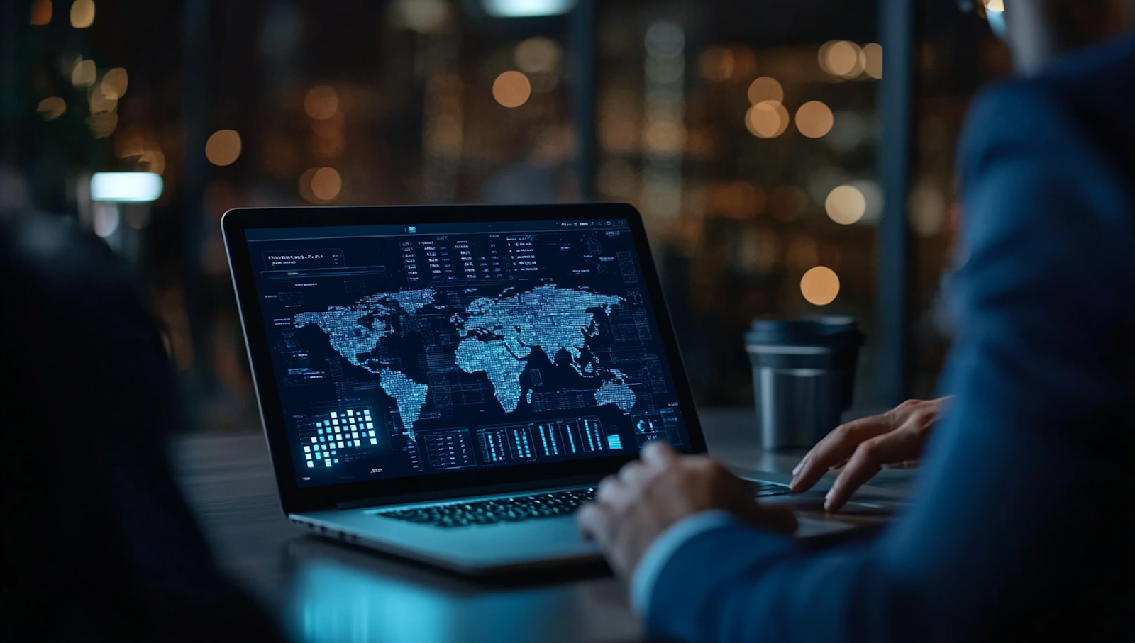 A laptop showing a world map of network activity