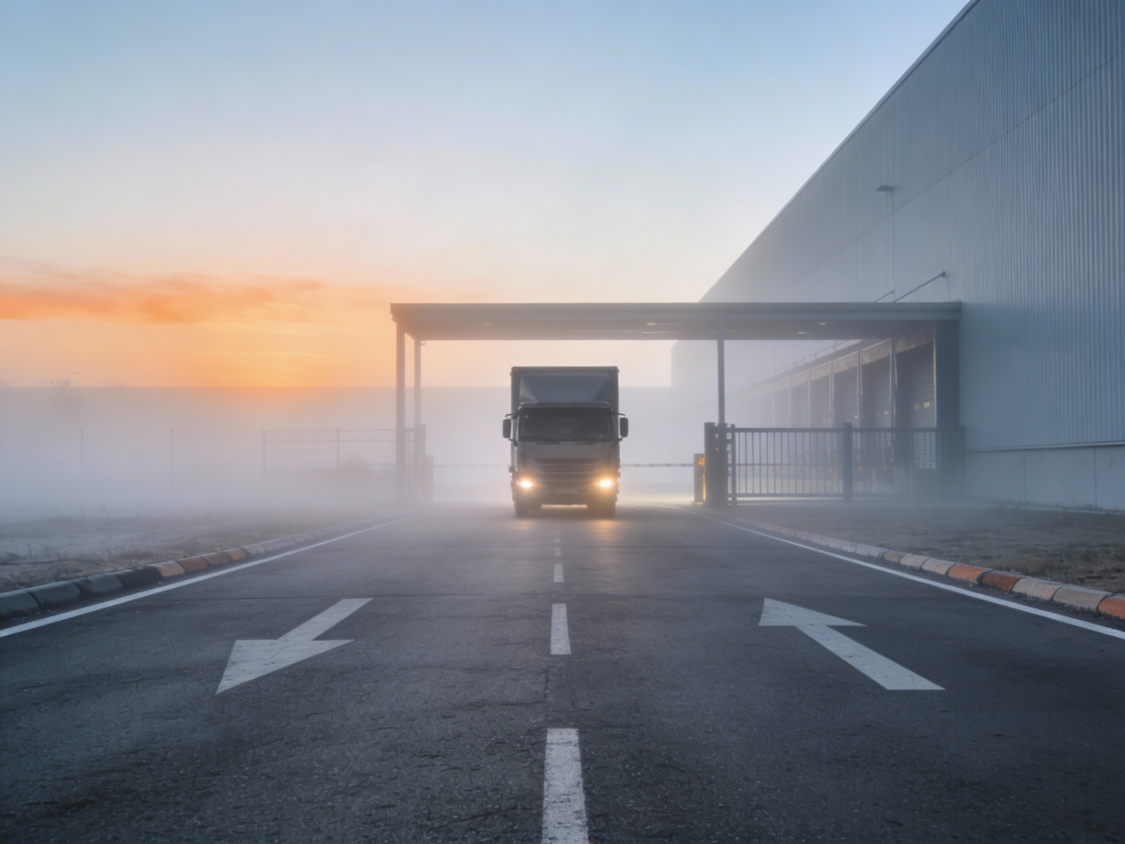 A truck leaving a distribution center loading dock in morning fog