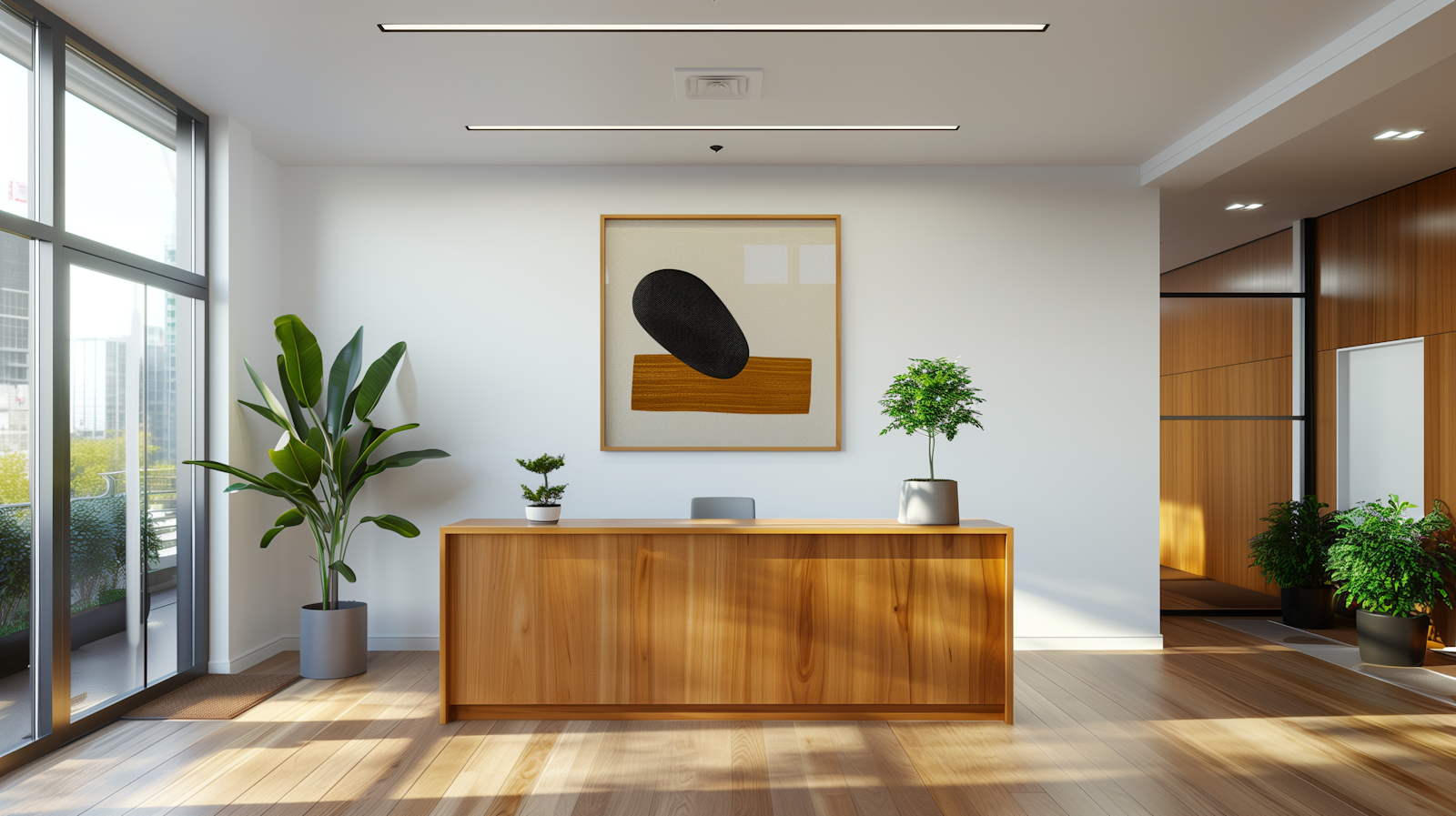 A calm, modern office lobby