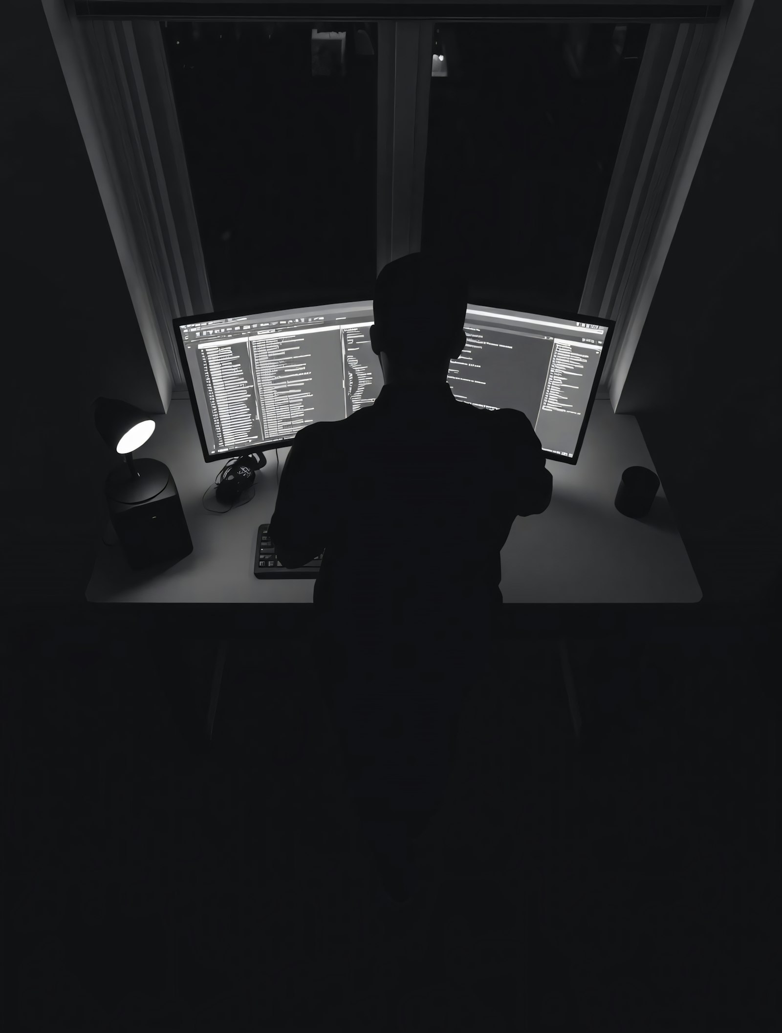 A person silhouetted at two monitors in a dark room