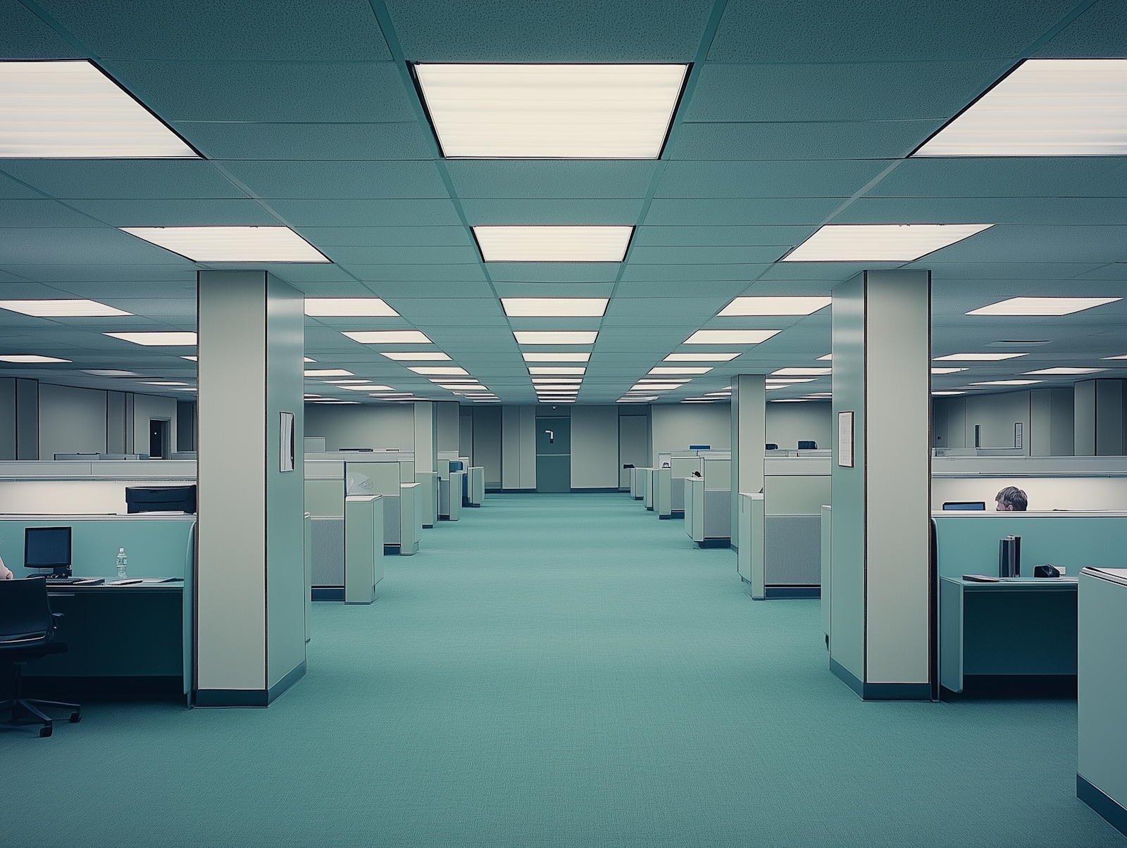 Rows of desks in a bright, open office