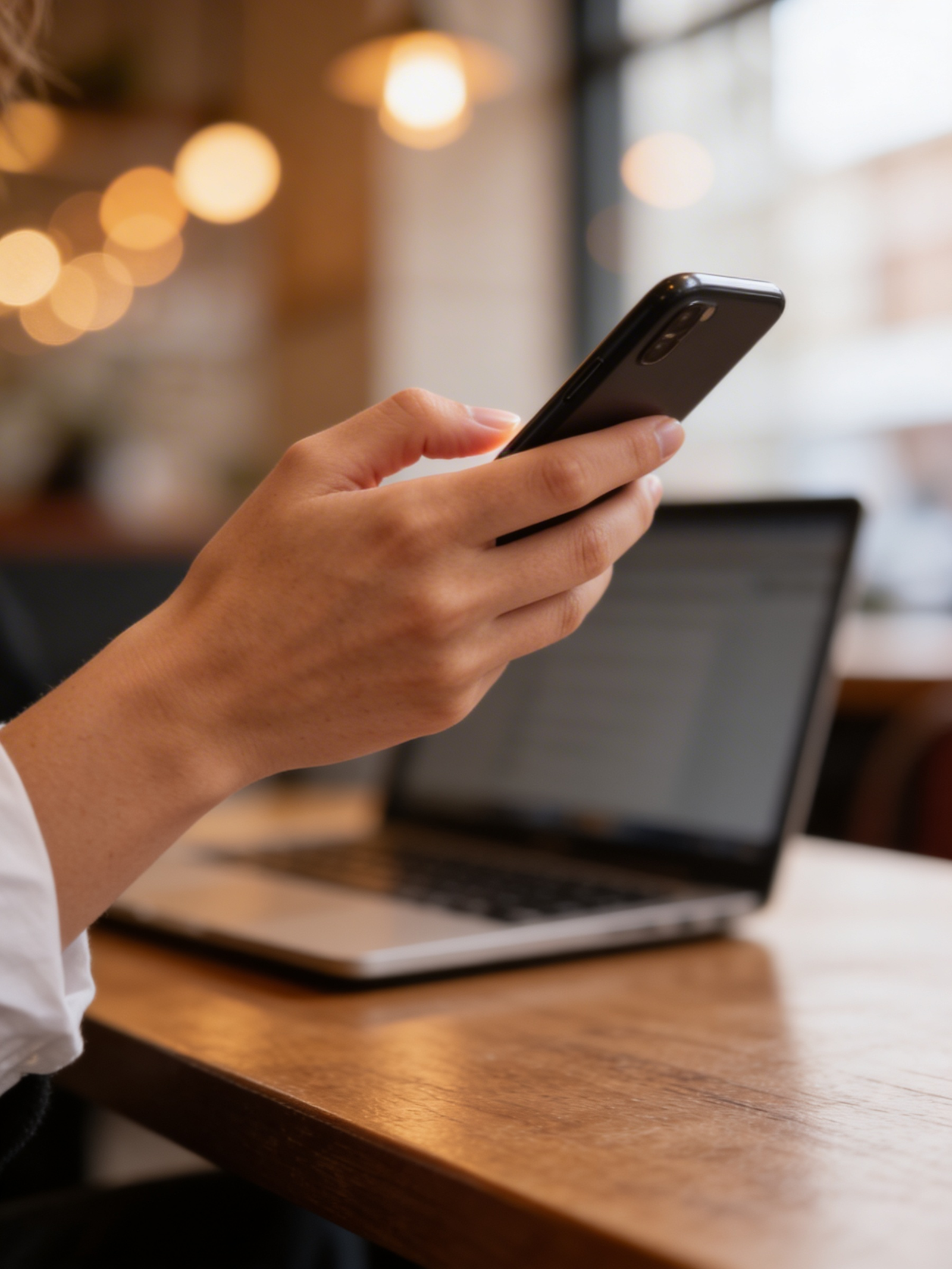 A hand holding a smartphone beside an open laptop