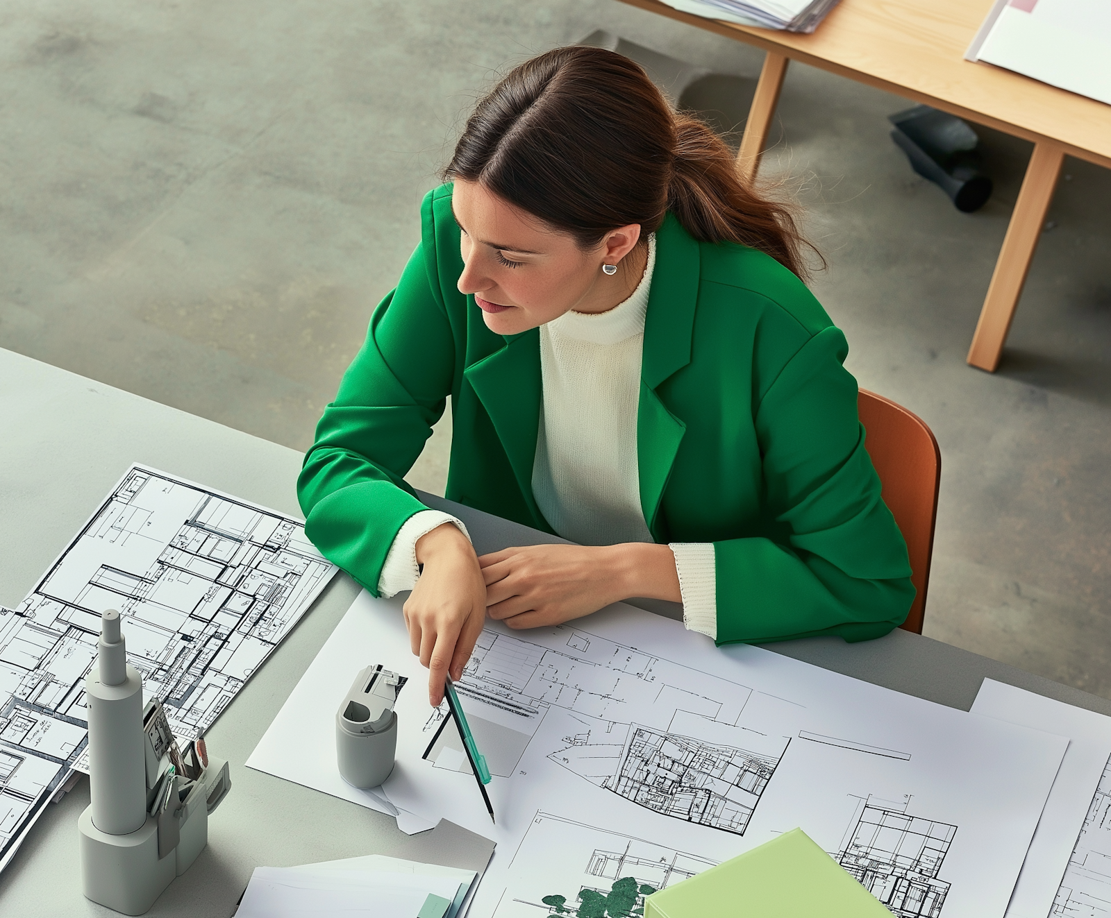A woman in a green jacket marking up plans