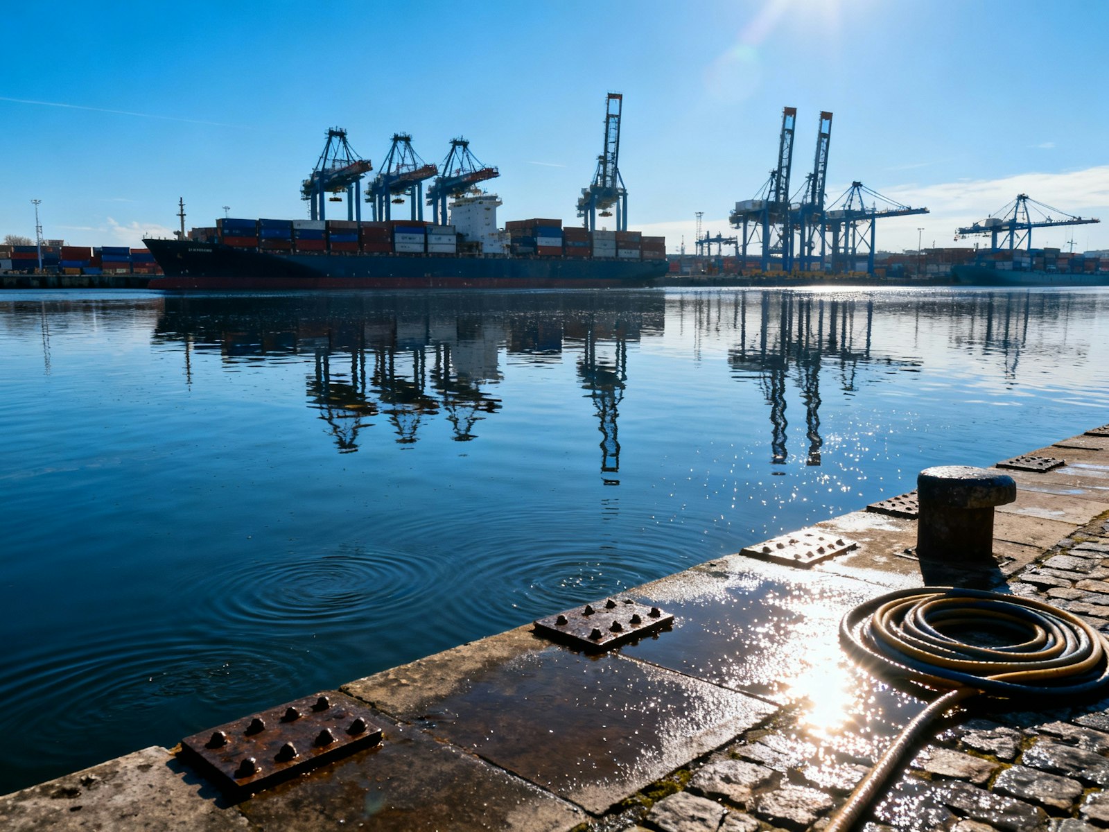 Shipping cranes reflected in calm harbor water