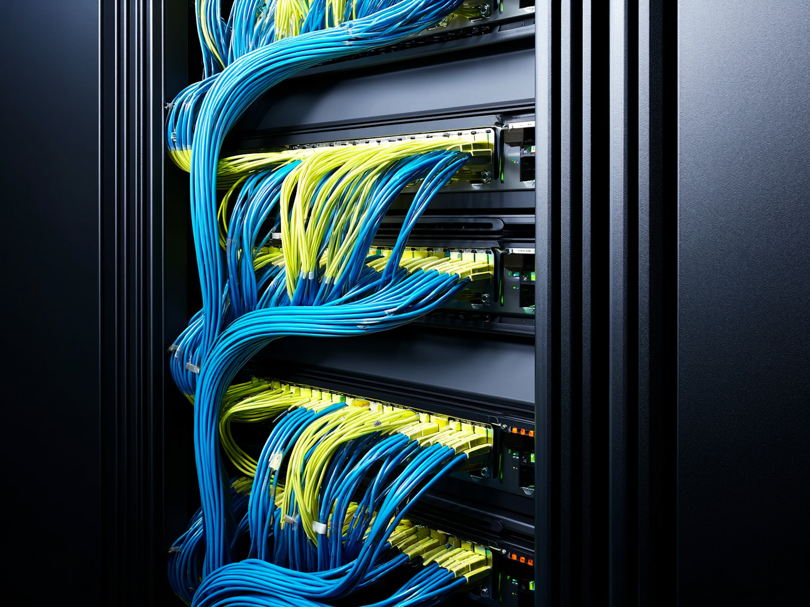 Blue and yellow network cables in a dark server rack