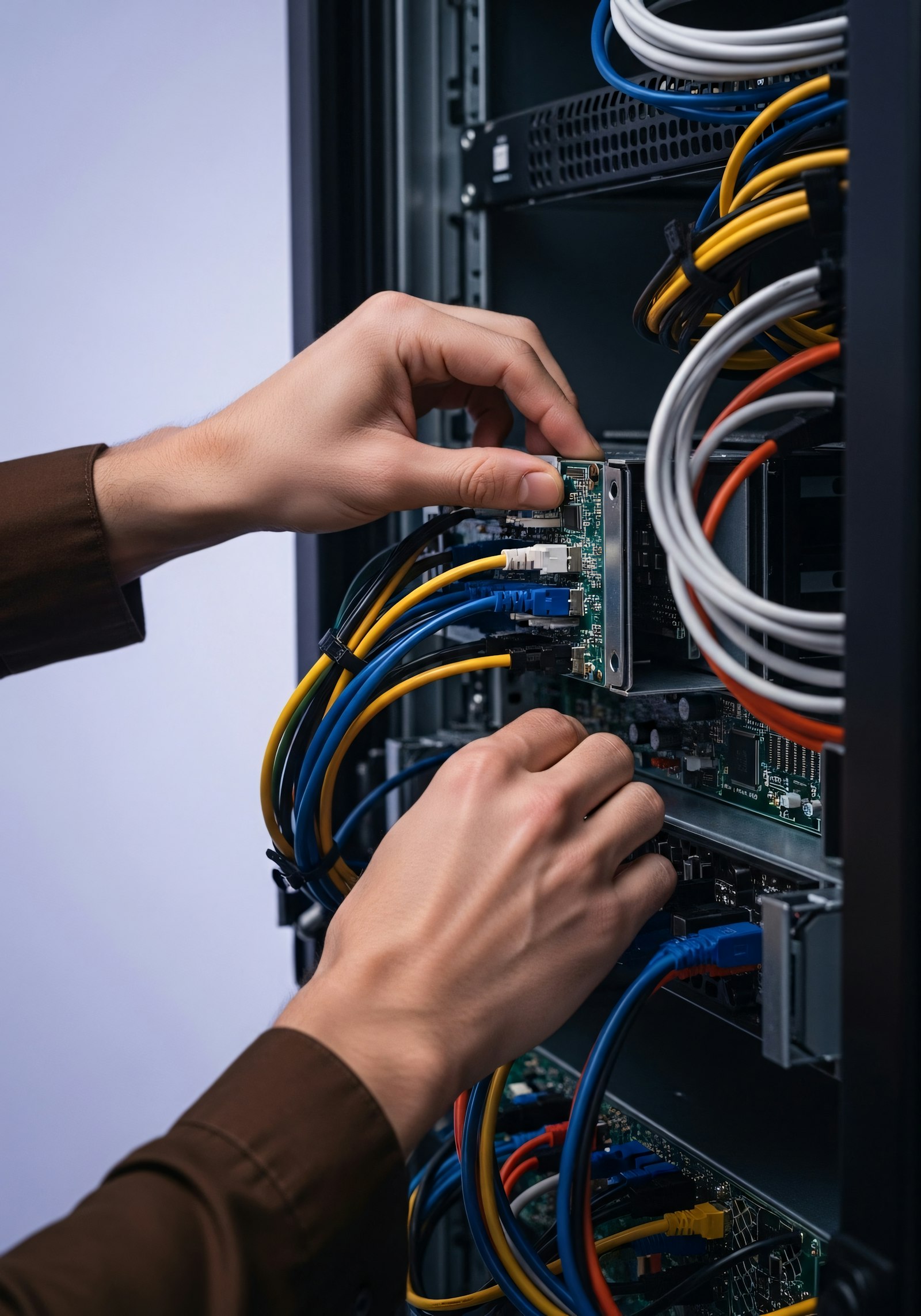 Hands working on cabling in a network rack