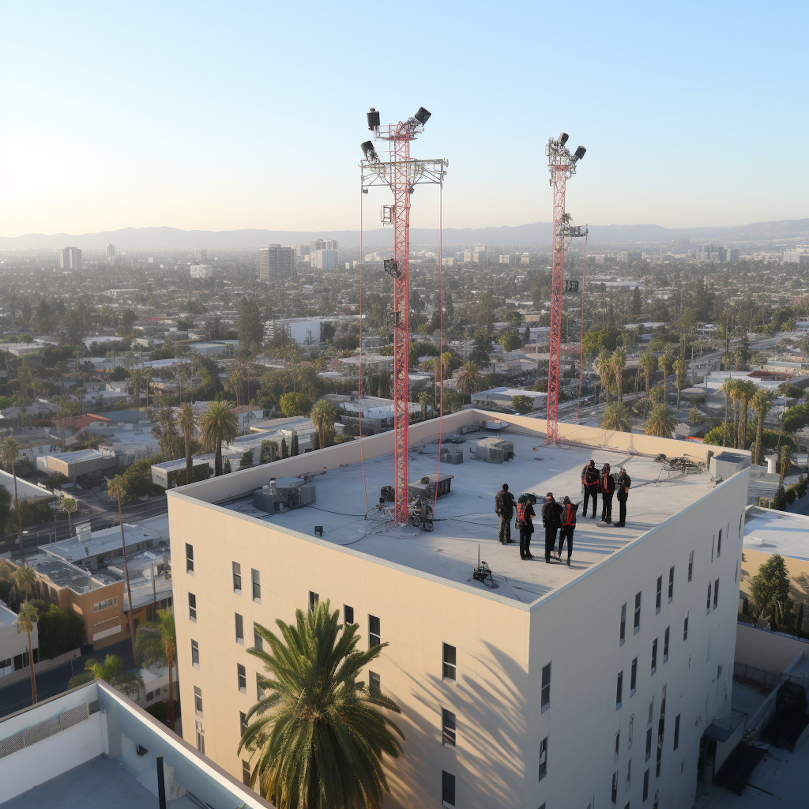 Antennas on an office building rooftop at golden hour