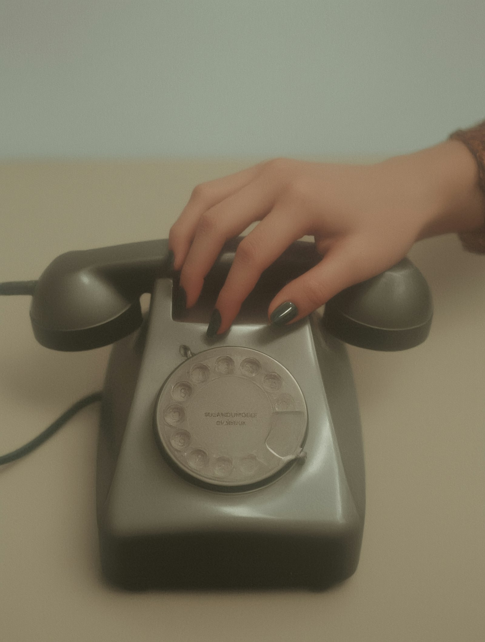 A hand dialing a vintage rotary telephone