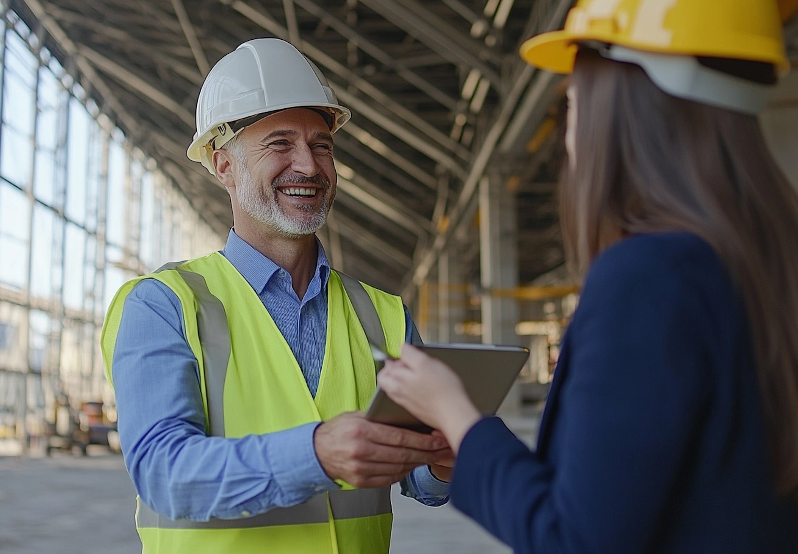Two people shaking hands at a construction site