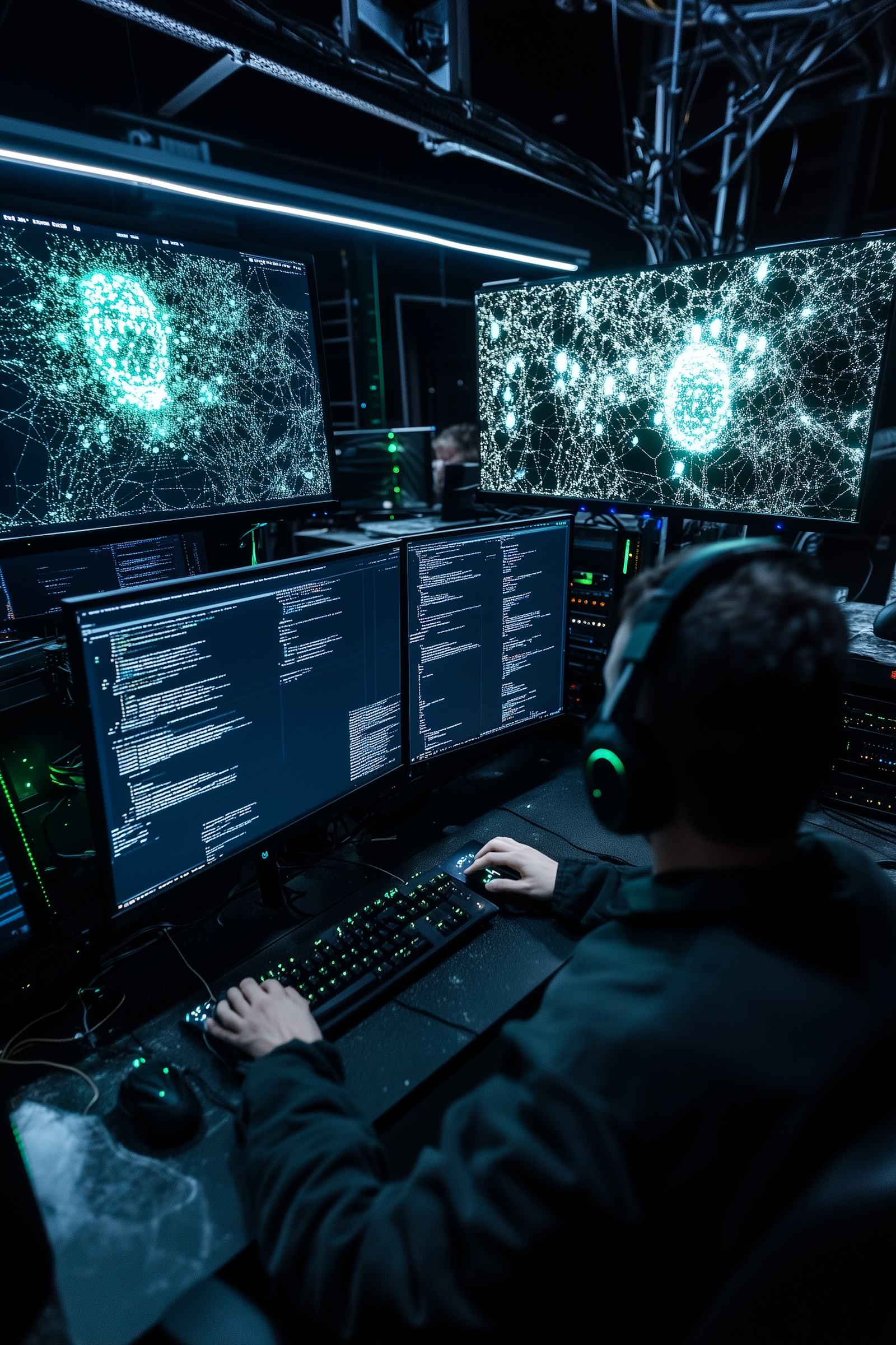 An analyst watching several monitors of network activity