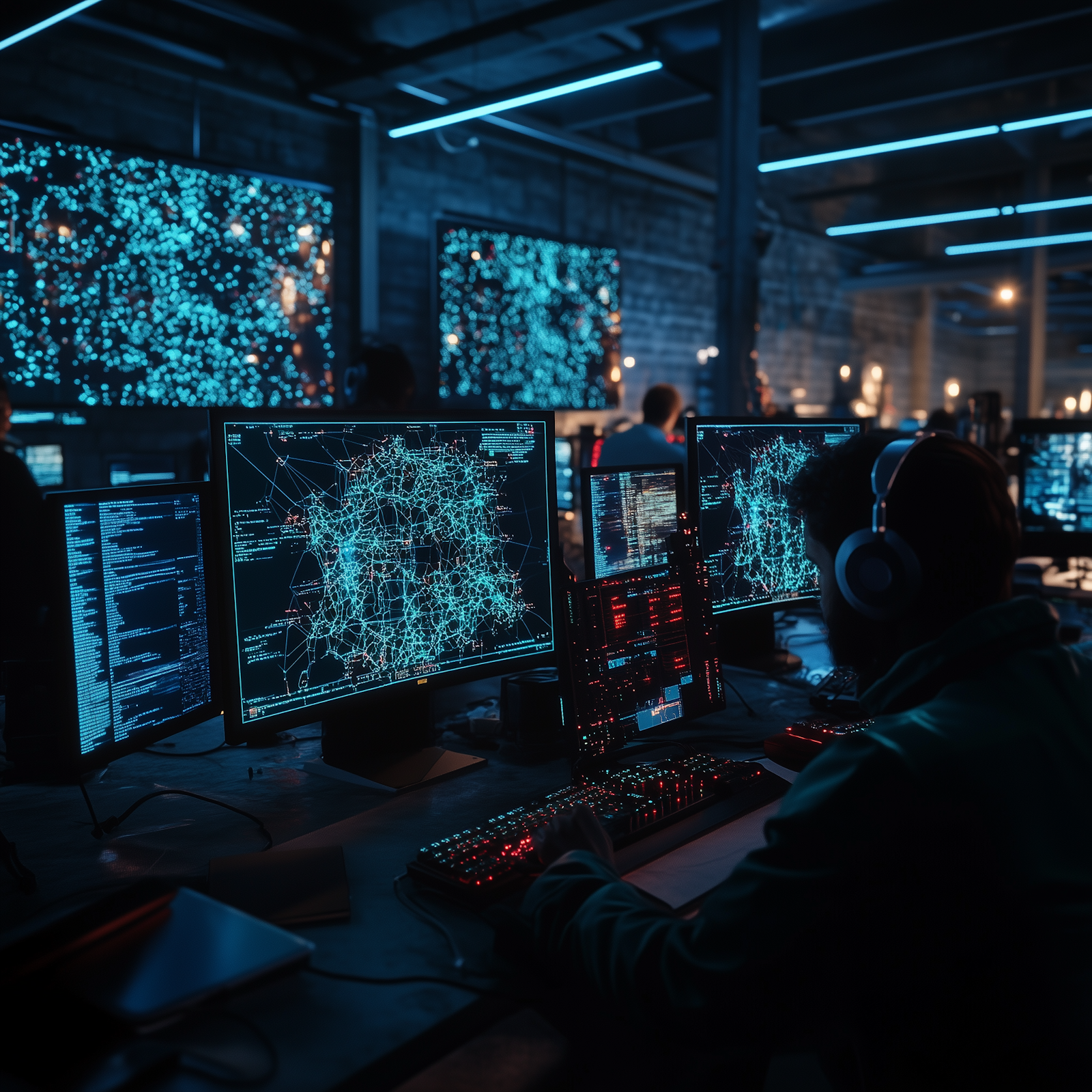 Operators at a wall of monitoring screens in a dark operations center