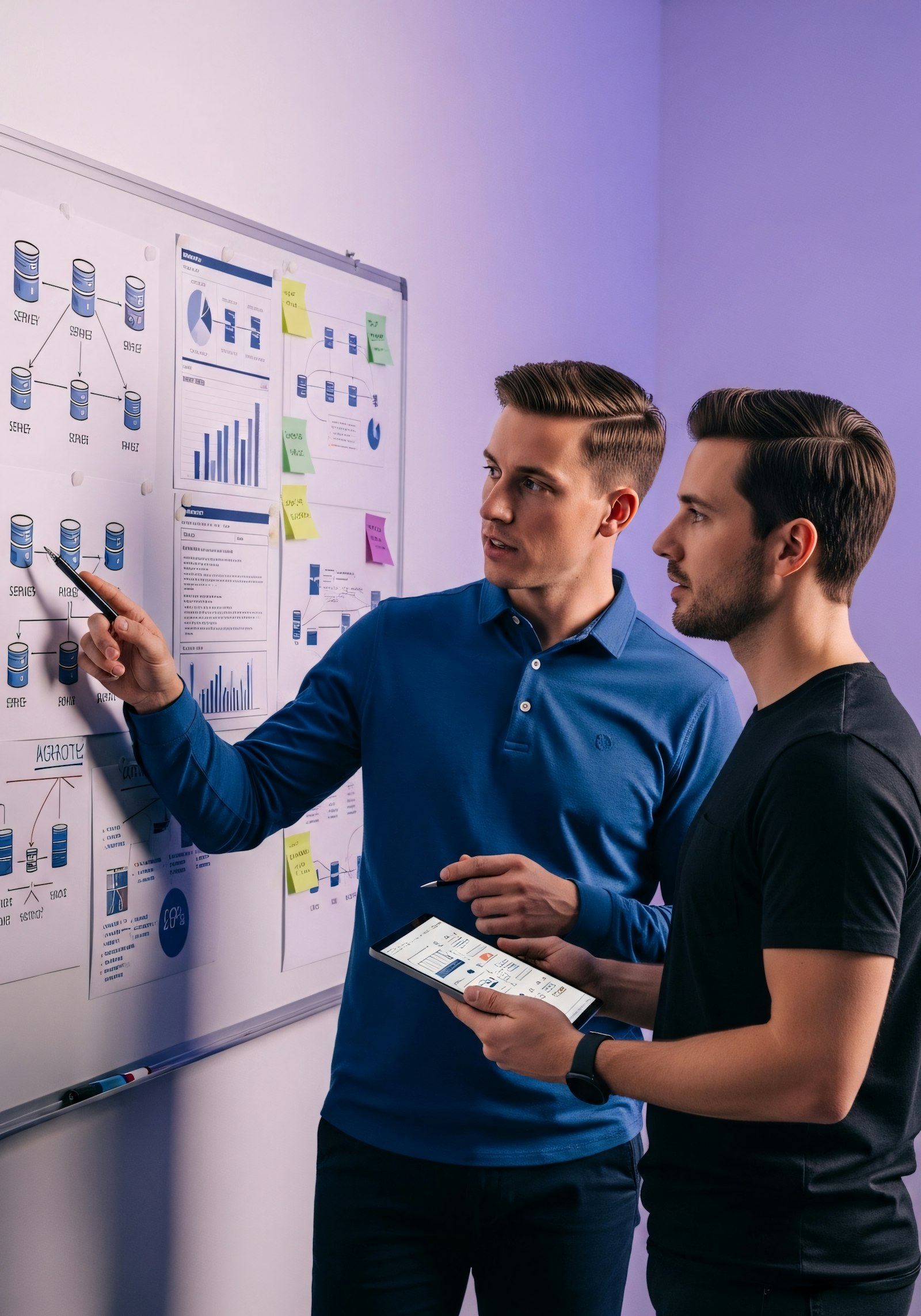 Two people planning in front of a wall of sticky notes