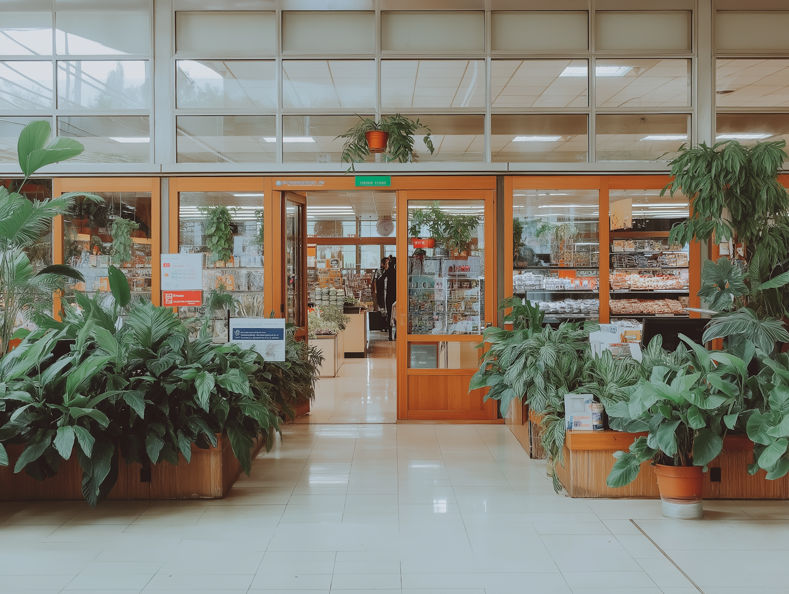 Bright storefront entrance lined with plants