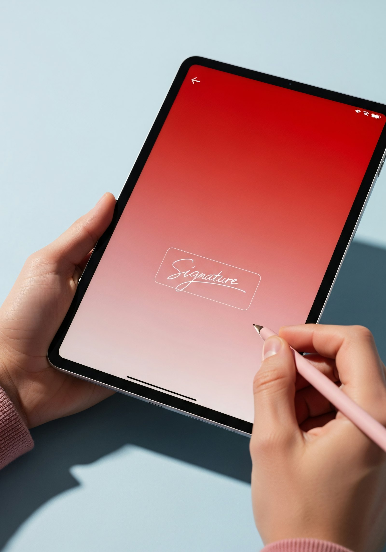 Hands signing on a tablet with a stylus