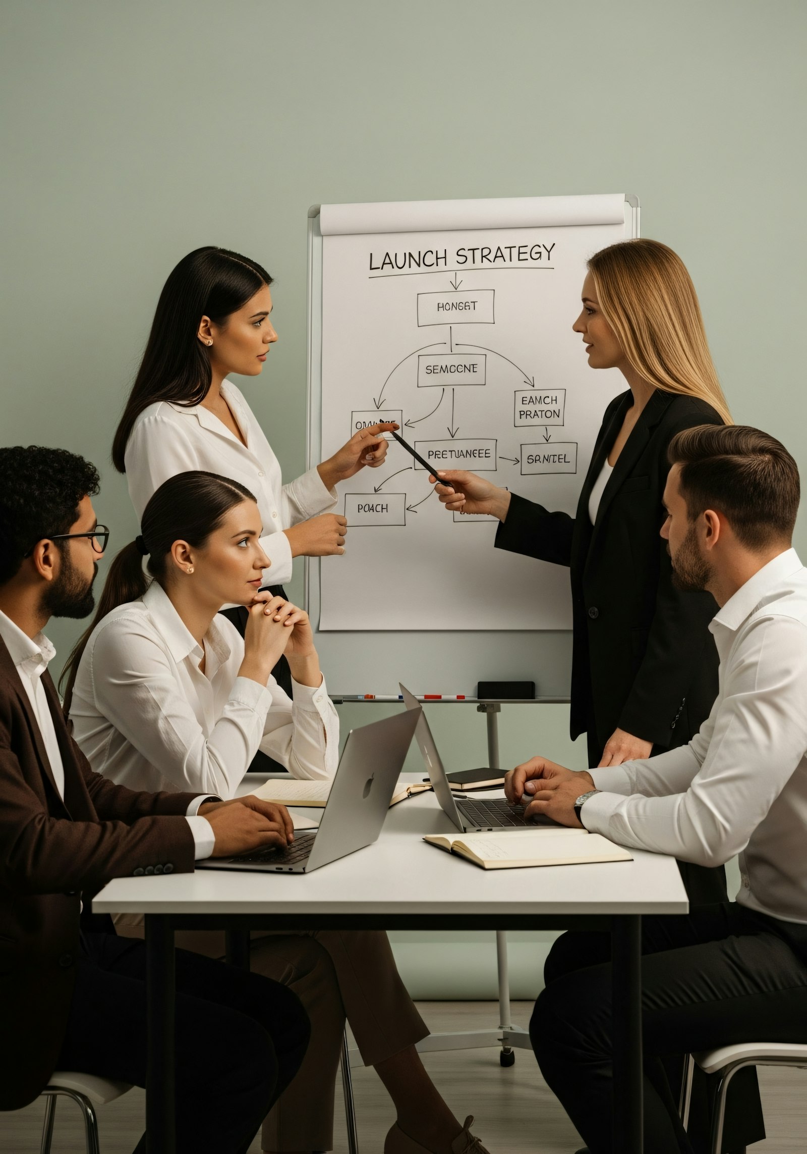 A team meeting around a table with a whiteboard