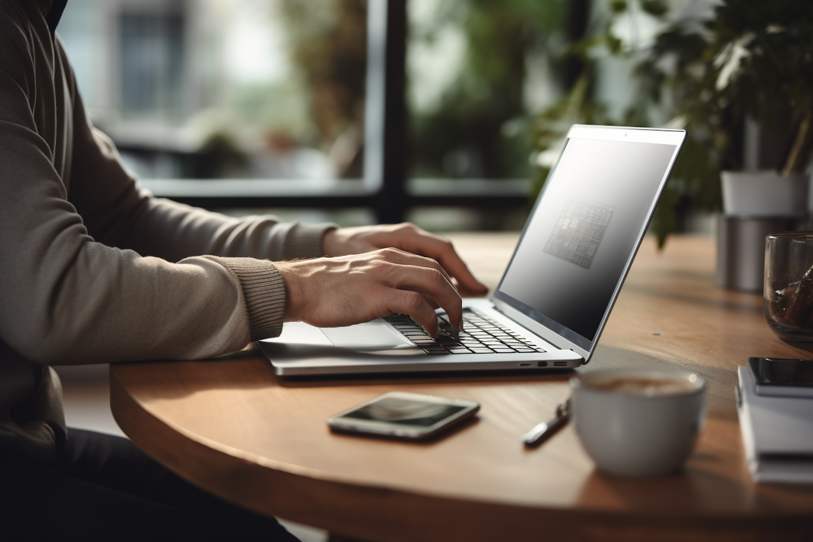 Hands typing on a laptop beside a coffee and a phone