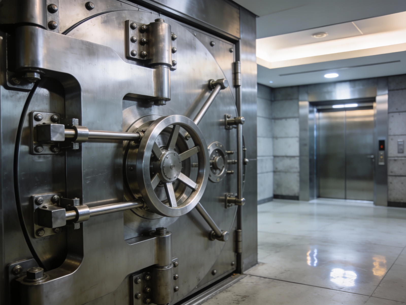 A heavy steel vault door in a bright corridor