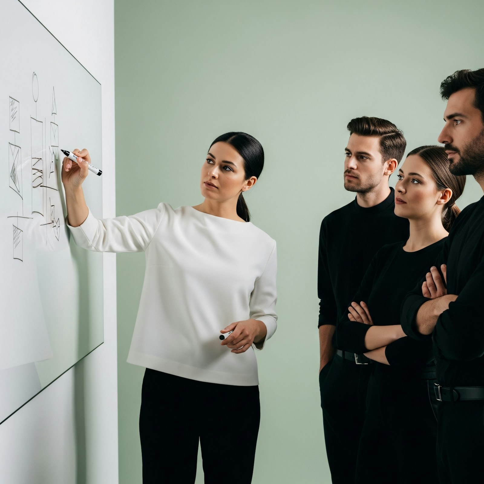 Colleagues discussing ideas at a whiteboard